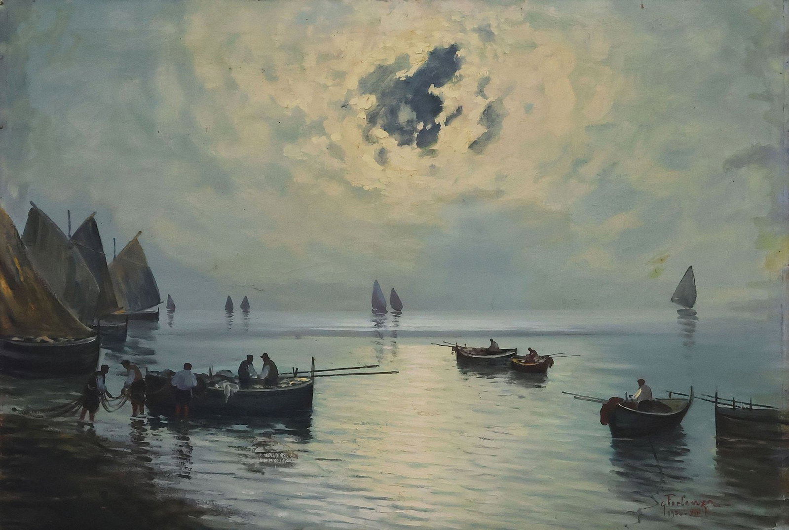 G. FORLENZA ITALIAN SCHOOL OIL PAINTING, MARINE FISHING BOAT SCENE (1 of 4)