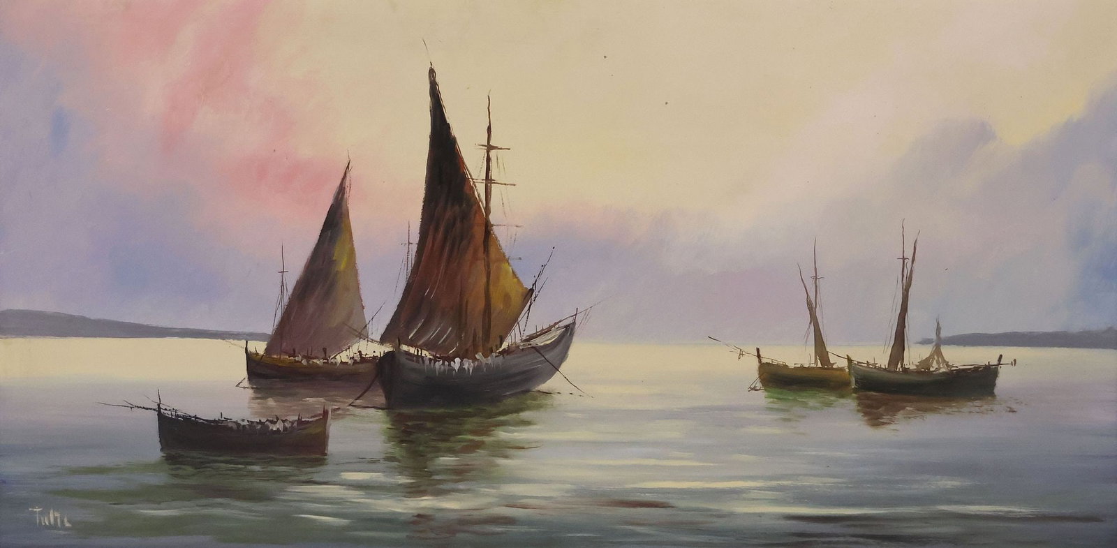 SIGNED ITALIAN SCHOOL NAUTICAL PAINTING, SAILBOATS AT SEA, 23" X 46.5": Framed Italian School oil on Masonite painting, Marine Scene with Sailboats, signed illegibly lower left, retaining Produzione Artistica Italiana Barletta label verso, sight: approx 23"h, 46.5"w,