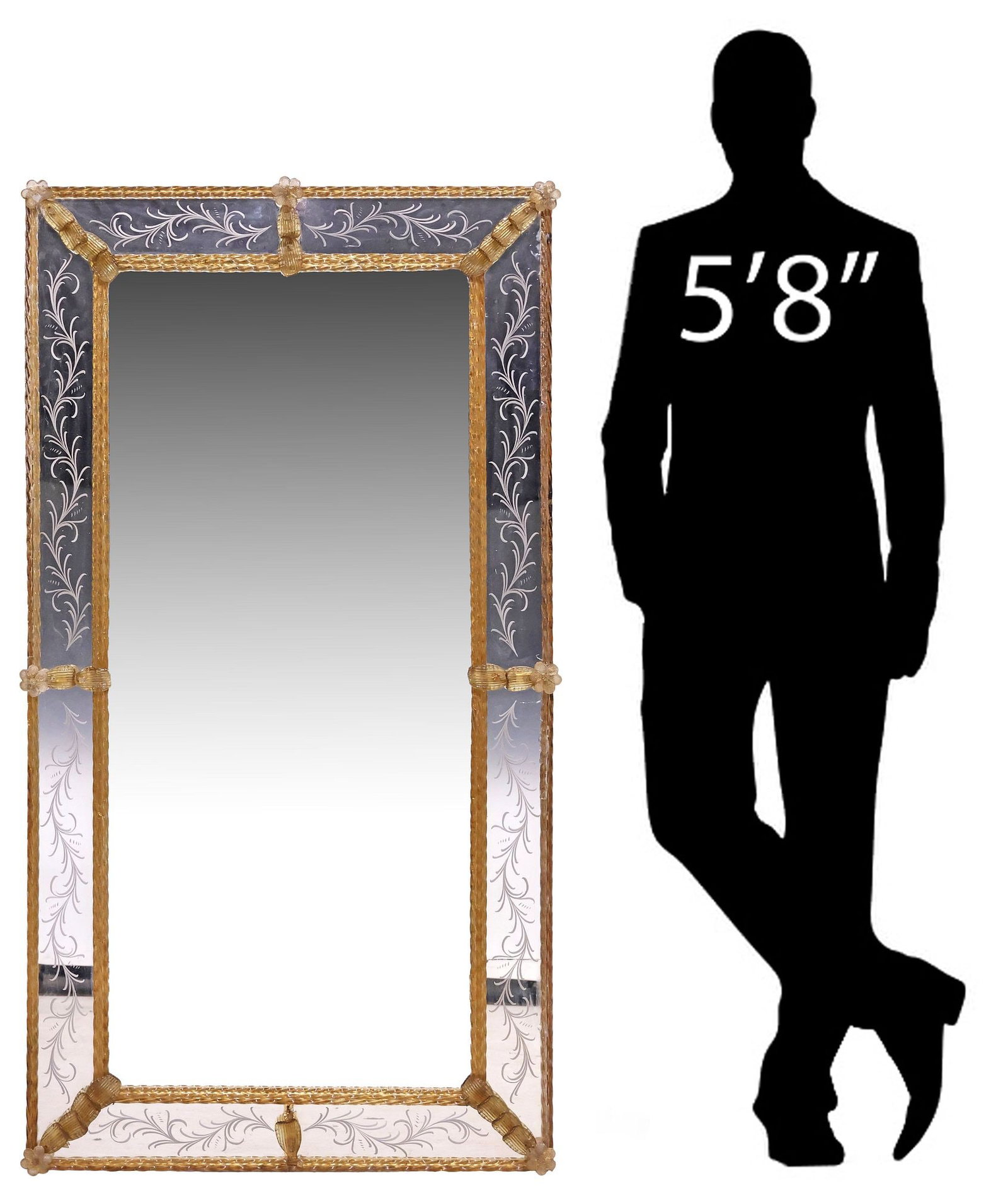 VENETIAN MURANO ART GLASS ETCHED CUSHION MIRROR, 60"H: Italian Venetian art glass parclose mirror, 20th c., rectangular frame with amber-colored Murano glass cladding, applied floral roundels and fluted fronds, with etched foliate scrollwork, centering fl