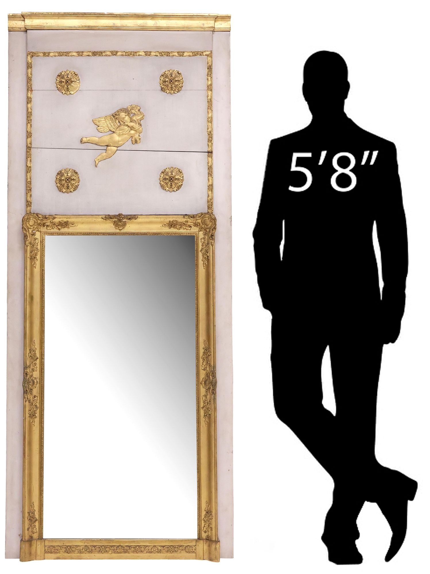 FRENCH LOUIS XVI STYLE PARCEL-GILT & PAINTED TRUMEAU MIRROR, 73"H: French Louis XVI style parcel-gilt and paint-decorated mirror, early 20th c., in a gray-painted finish, with foliate trim, and central winged cherub with floral medallions, encasing flat mirror