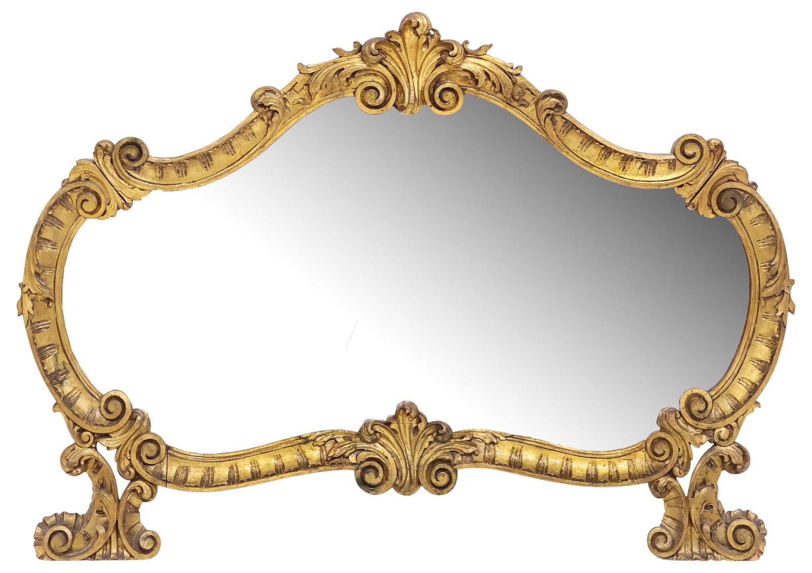 ITALIAN LOUIS XV STYLE GILTWOOD MIRROR, 51"L: Italian Louis XV style giltwood mirror, 20th c., shaped frame with molded foliates and scrollwork, encasing flat mirror plates, on scrolled supports, approx 36"h, 51"w, 36lbs