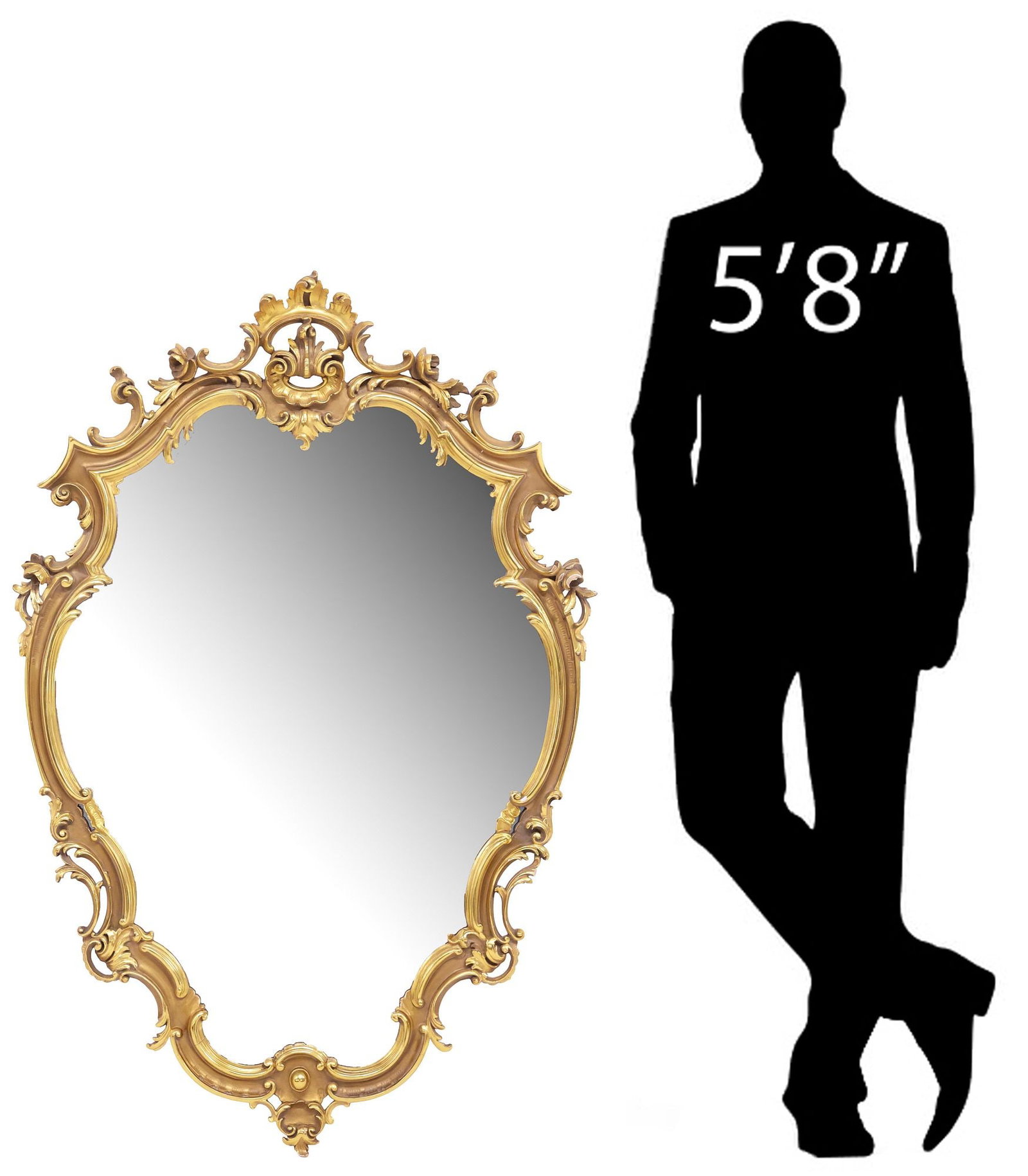 ITALIAN LOUIS XV STYLE SCROLLED GILTWOOD MIRROR, 51"H: Italian Louis XV style giltwood mirror, early 20th c., pierced rocaille crest, above shaped frame with foliated scrollwork with rose motifs, encasing flat mirror plate, approx 51"h, 34"w, 26