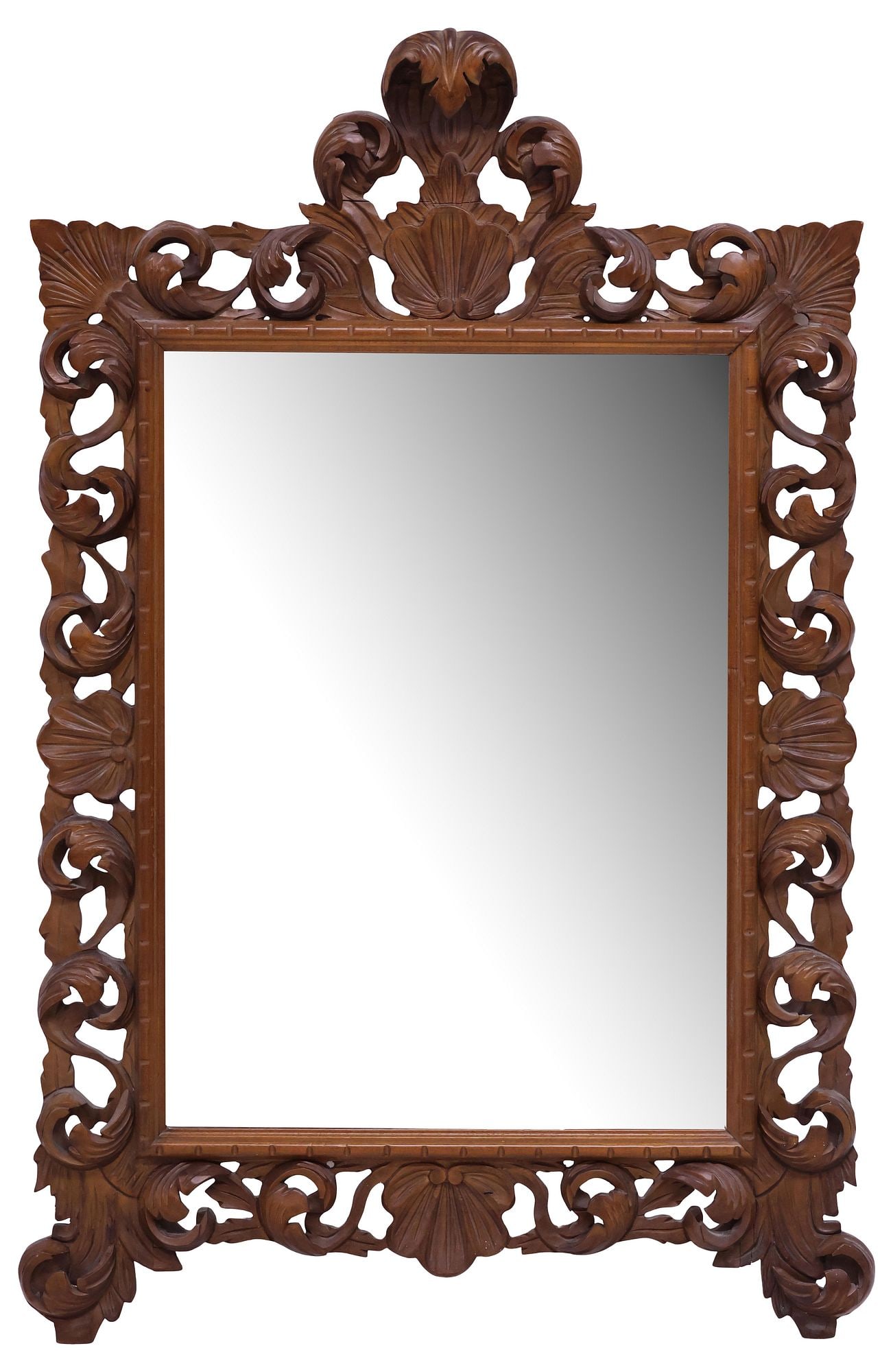 ITALIAN BAROQUE STYLE CARVED WALNUT WALL MIRROR: Italian Baroque style carved walnut mirror, early 20th c., having canopied foliate crest, over pierced scrollwork frame with shell motifs, encasing flat mirror plates approx 50.5"h, 32"w, 17.25lbs