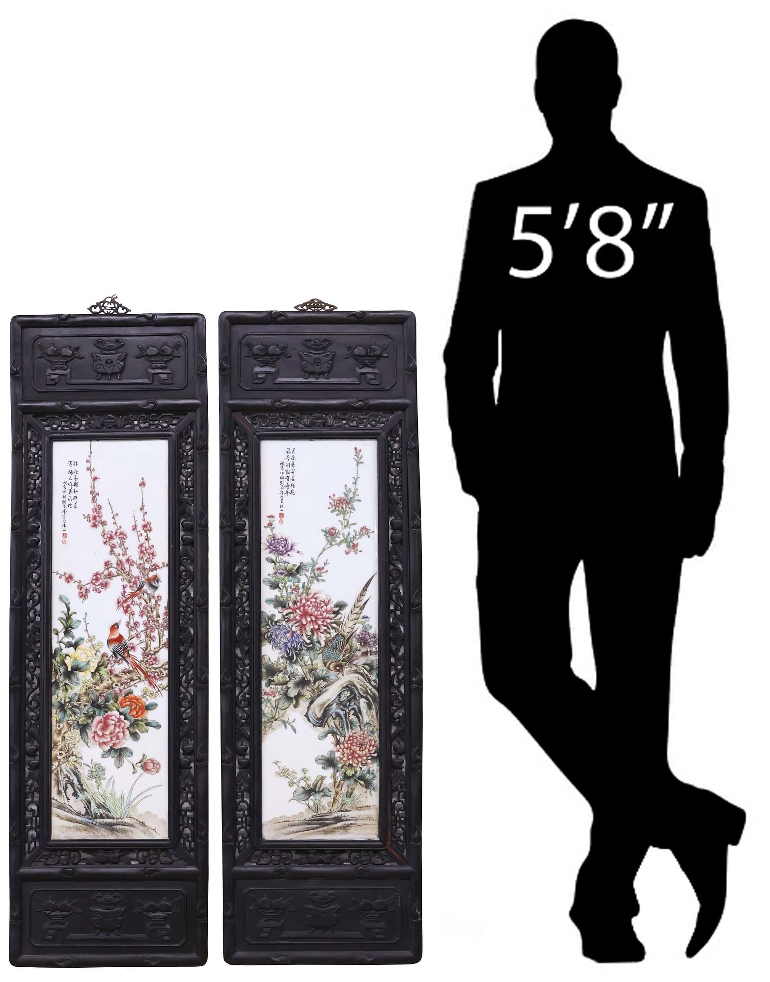 (2) CHINESE PORCELAIN-INSET WALL-HANGING PANELS, 47.75"H: (lot of 2) Chinese porcelain-inset wall-hanging panels, with carved pierced wood frame, central panels having calligraphic poem and two red seals, (one) depicting pheasants amongst polychrome