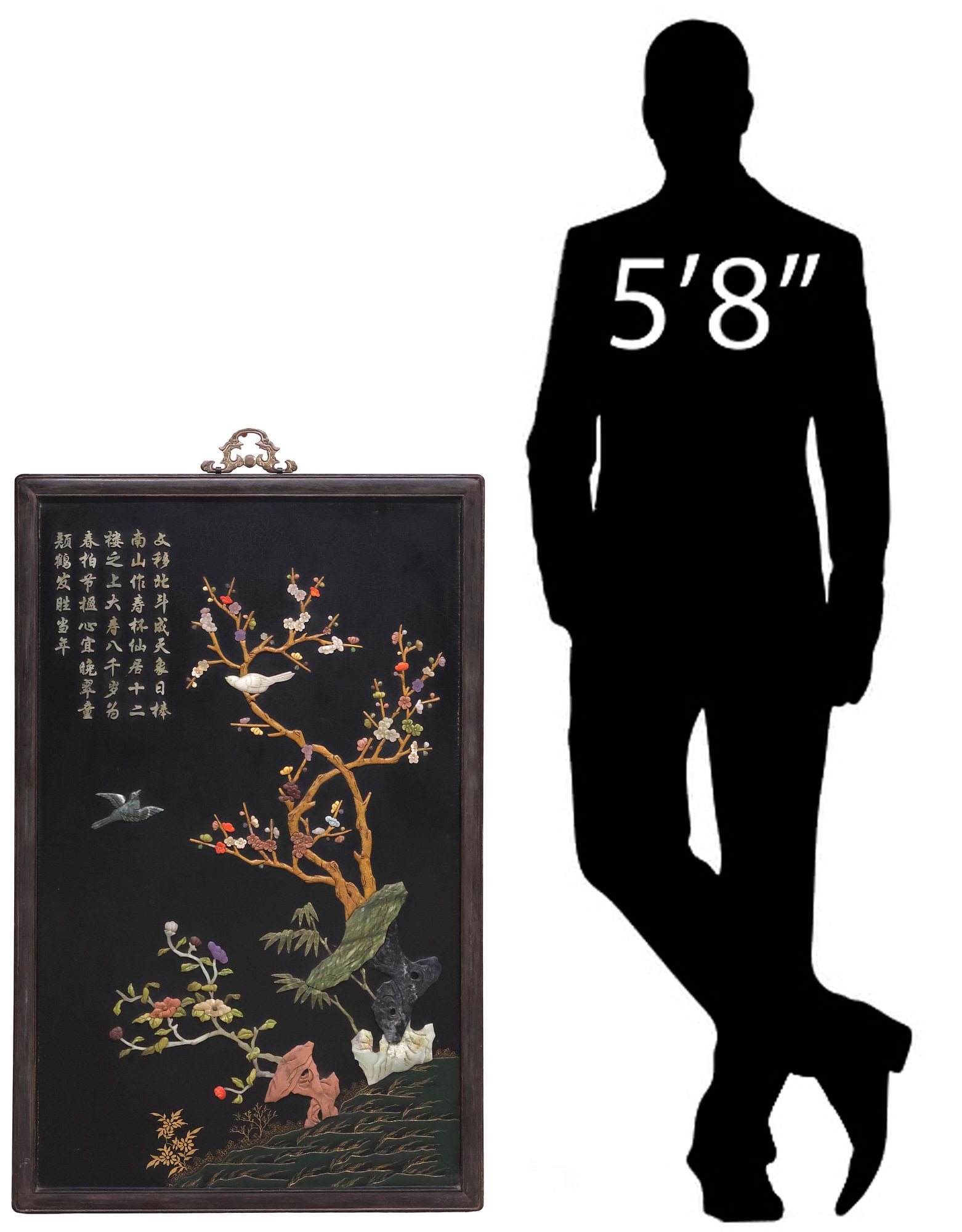 CHINESE BLACK LACQUER HARDSTONE-MOUNTED HANGING PANEL: Chinese wall-hanging panel, black lacquer ground with applied hardstone, birds perched on flowering branches in landscape, calligraphic longevity poem upper left, panel: approx 44.5"h, 27"w, overall: