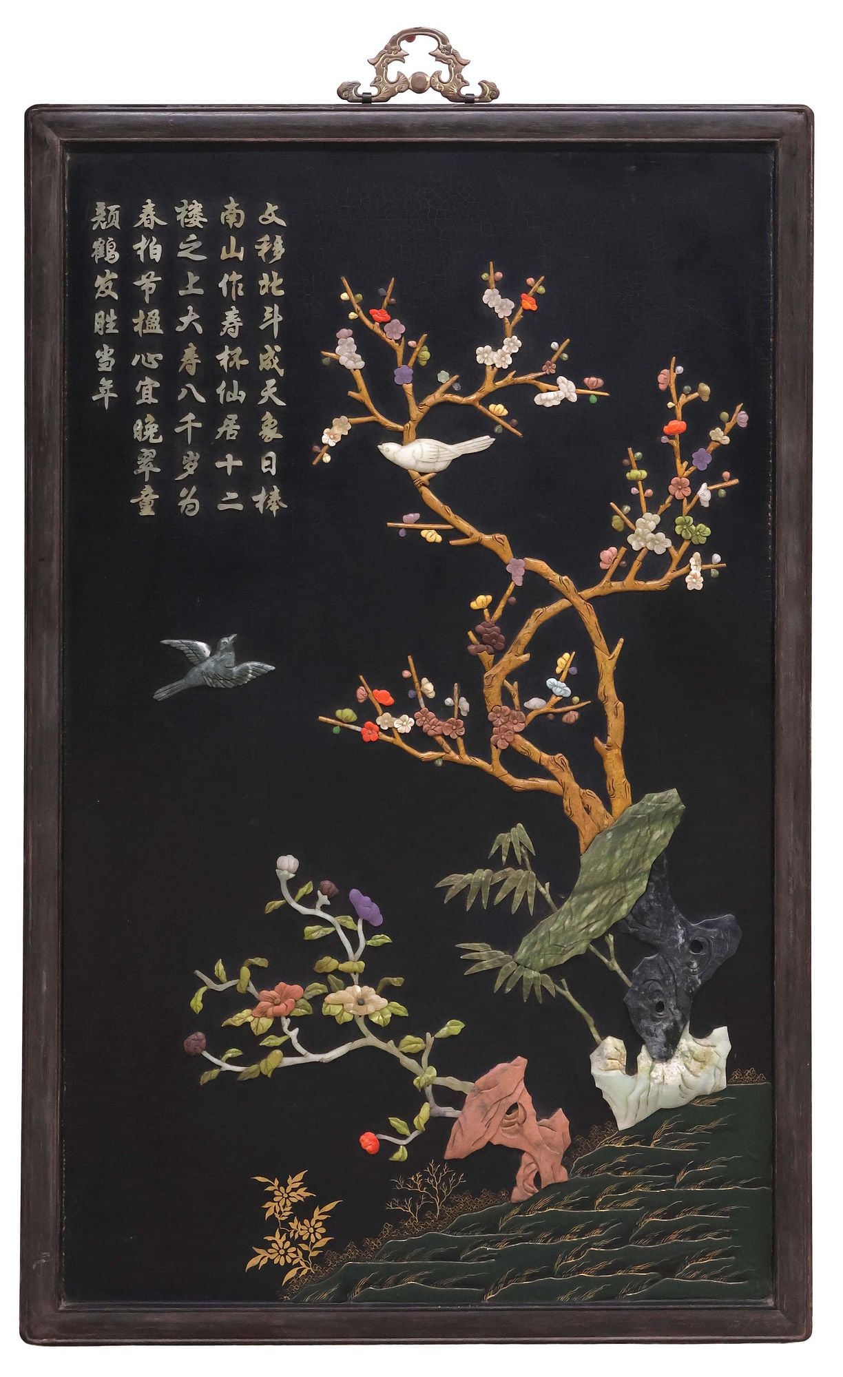 CHINESE BLACK LACQUER HARDSTONE-MOUNTED HANGING PANEL - 2