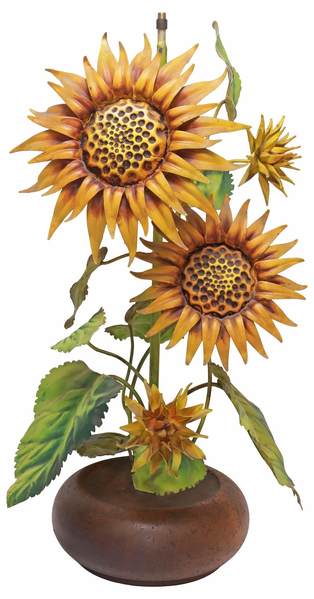 LARGE CONTINENTAL PAINTED TOLE SUNFLOWERS TABLE LAMP: Large Continental tole-peinte table lamp, 20th c., in the form of a blossoming sunflower plant, rising on circular wood base, unmarked, in need of socket and wiring, approx 26.5"h, 13.5"w, 13"d,