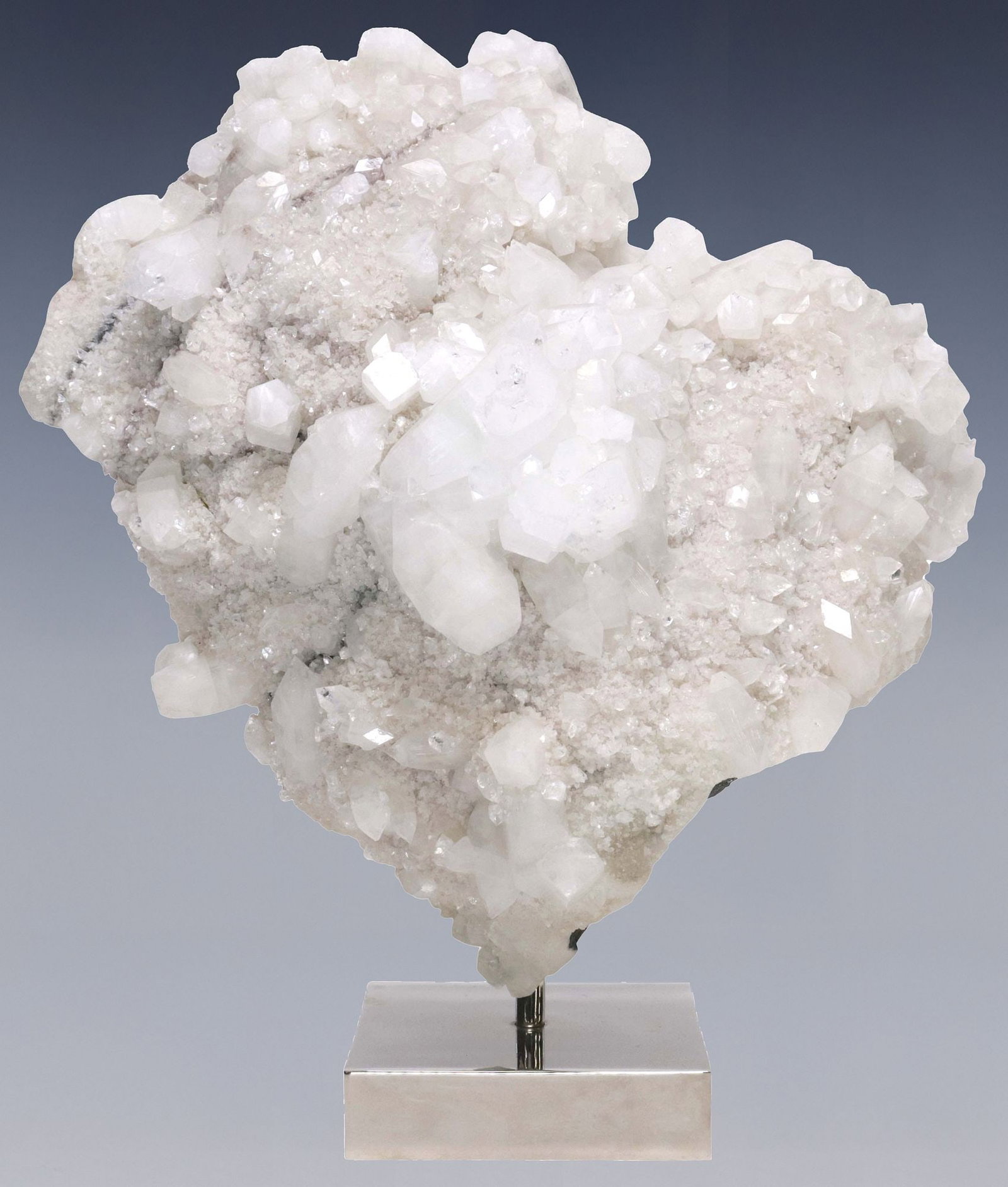 GEOLOGICAL APOPHYLLITE CLUSTER ON POLISHED NICKLE BASE: Geological apophyllite specimen, on polished nickel base, specimen: approx 14.5"h, 14"w, 7"d, overall: approx 15.5"h, 14"w, 7.5"d, 37.25lbs
