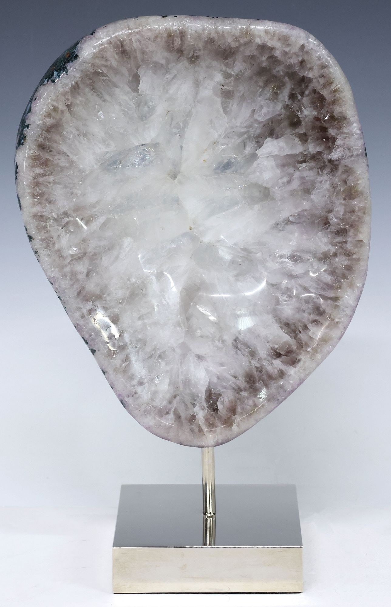 GEOLOGICAL AGATE SPECIMEN ON POLISHED NICKEL BASE: Geological agate specimen, on polished nickel base, specimen: approx 11.5"h, 9.5"w, 2.5"d, overall: approx 15.5"h, 9.5"w, 5"d, 15.5lbs