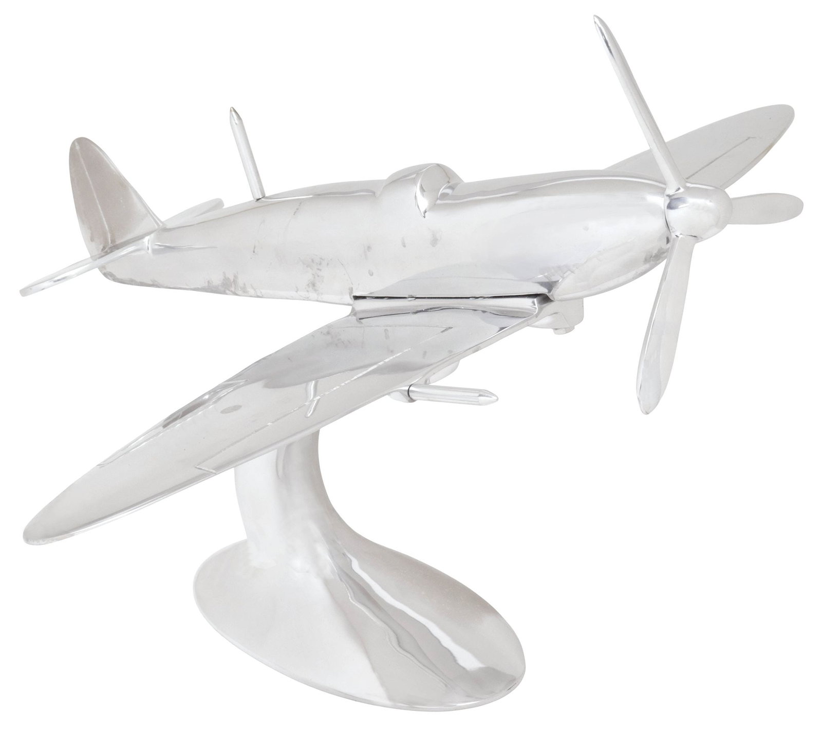 LARGE CHROMED METAL SPITFIRE AIRPLANE MODEL, 17"H: Large chromed metal airplane model, late 20th c., depicting a Spitfire aircraft, with movable propeller, on integral tapered stand, approx 17"h, 24"w, 20"d, 10lbs **Note: matching airpl