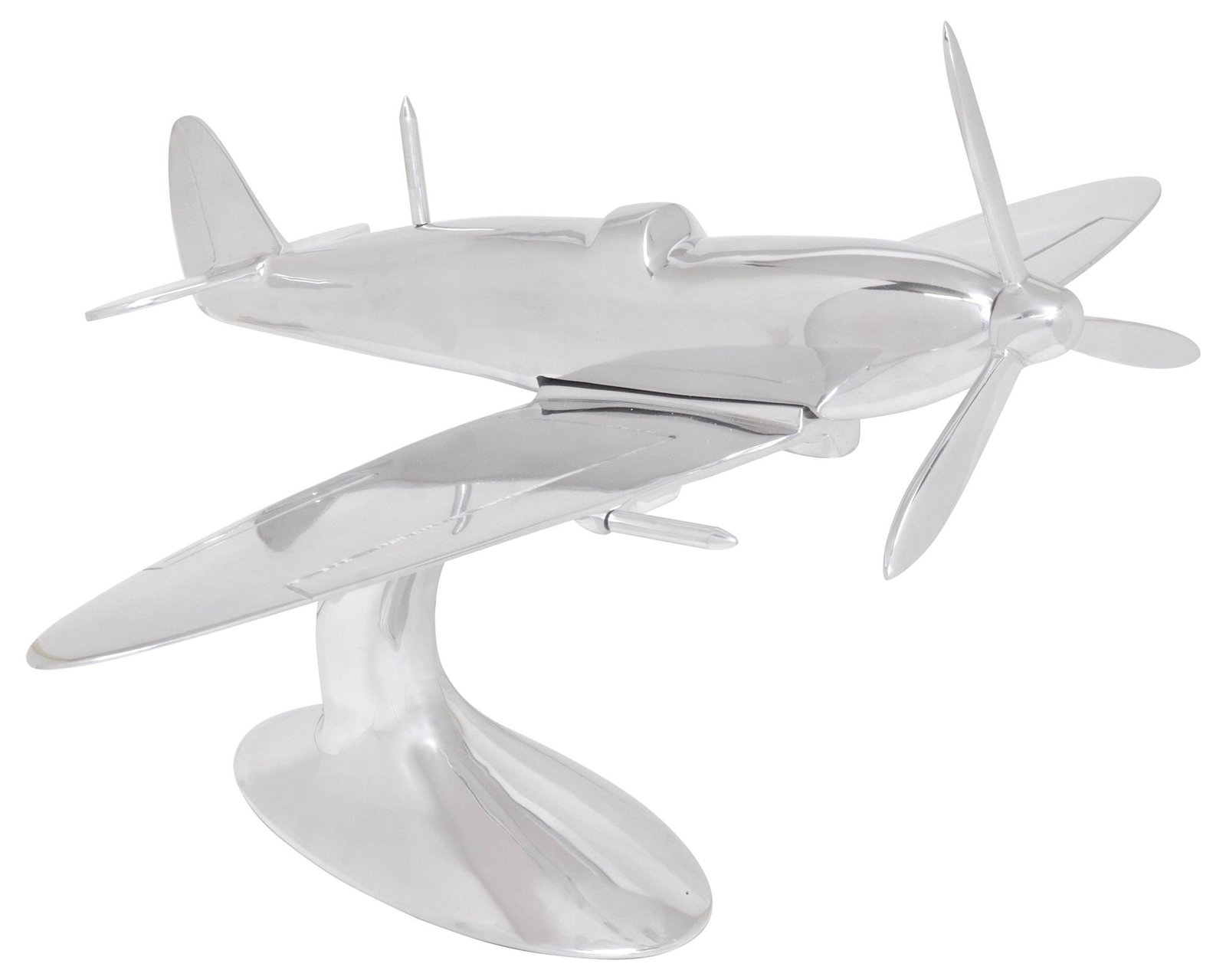 LARGE CHROMED METAL SPITFIRE AIRPLANE MODEL, 17"H: Large chromed metal airplane model, late 20th c., depicting a Spitfire aircraft, with movable propeller, on integral tapered stand, approx 17"h, 24"w, 20"d, 10lbs **Note: three matching