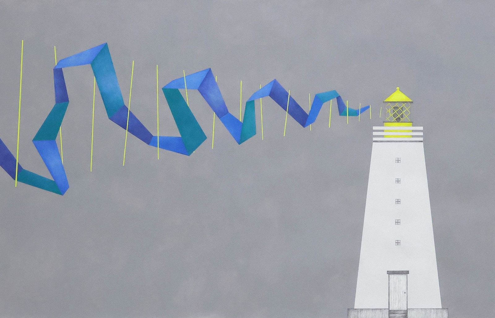BECKY JOYE (ATTRIB., 20THC.) MODERNIST ACRYLIC LIGHTHOUSE PAINTING: Framed acrylic and pencil composition on paper, "Aurora," attributed to Becky Joye (North Carolina, 20th c.), unsigned, sight: approx 25.75"h, 40"w, overall: approx 35"h, 49"w, 21lbs **Provenance:
