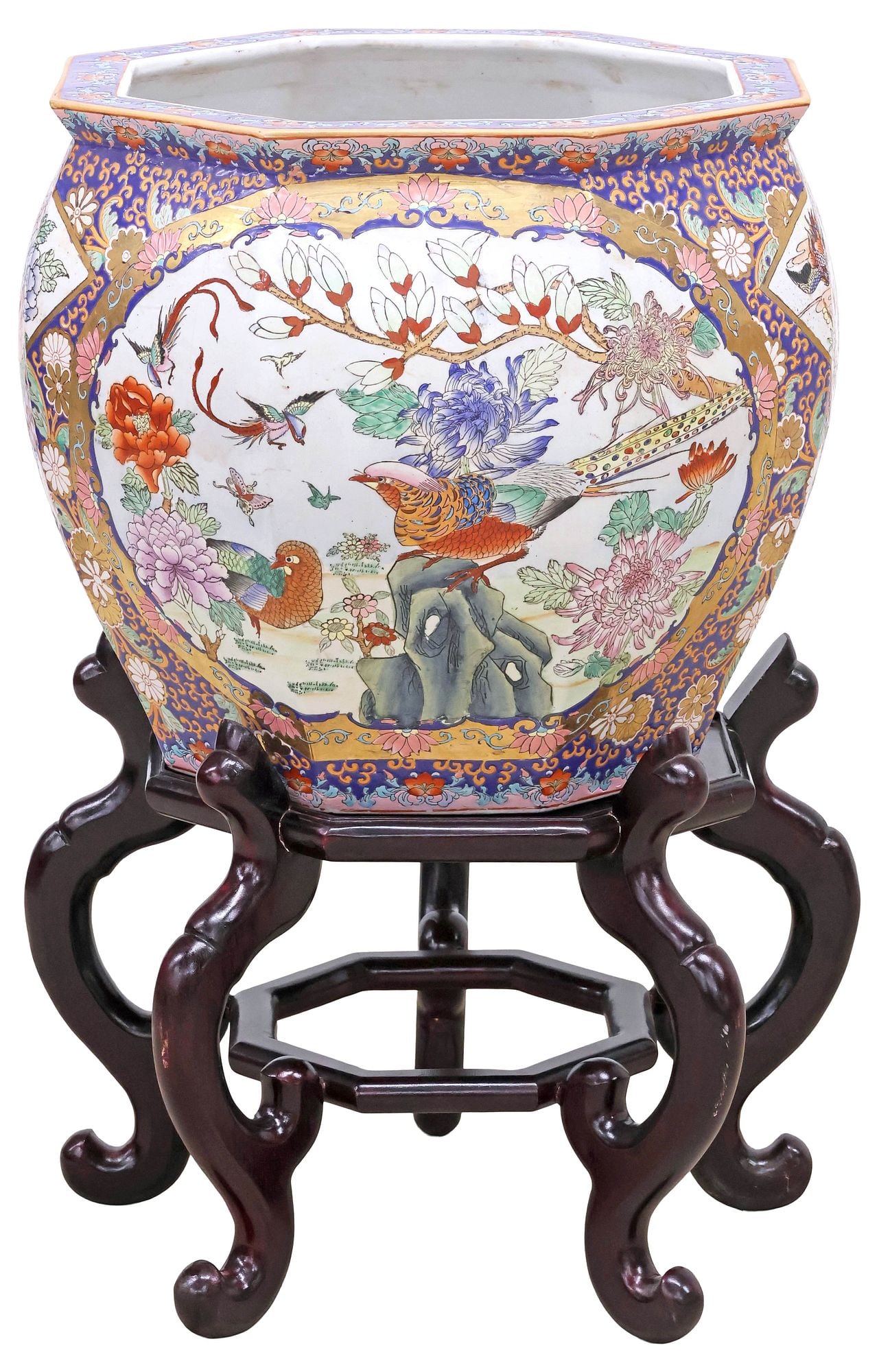 LARGE CHINESE PARCEL GILT PORCELAIN FISH BOWL ON STAND (1 of 5)