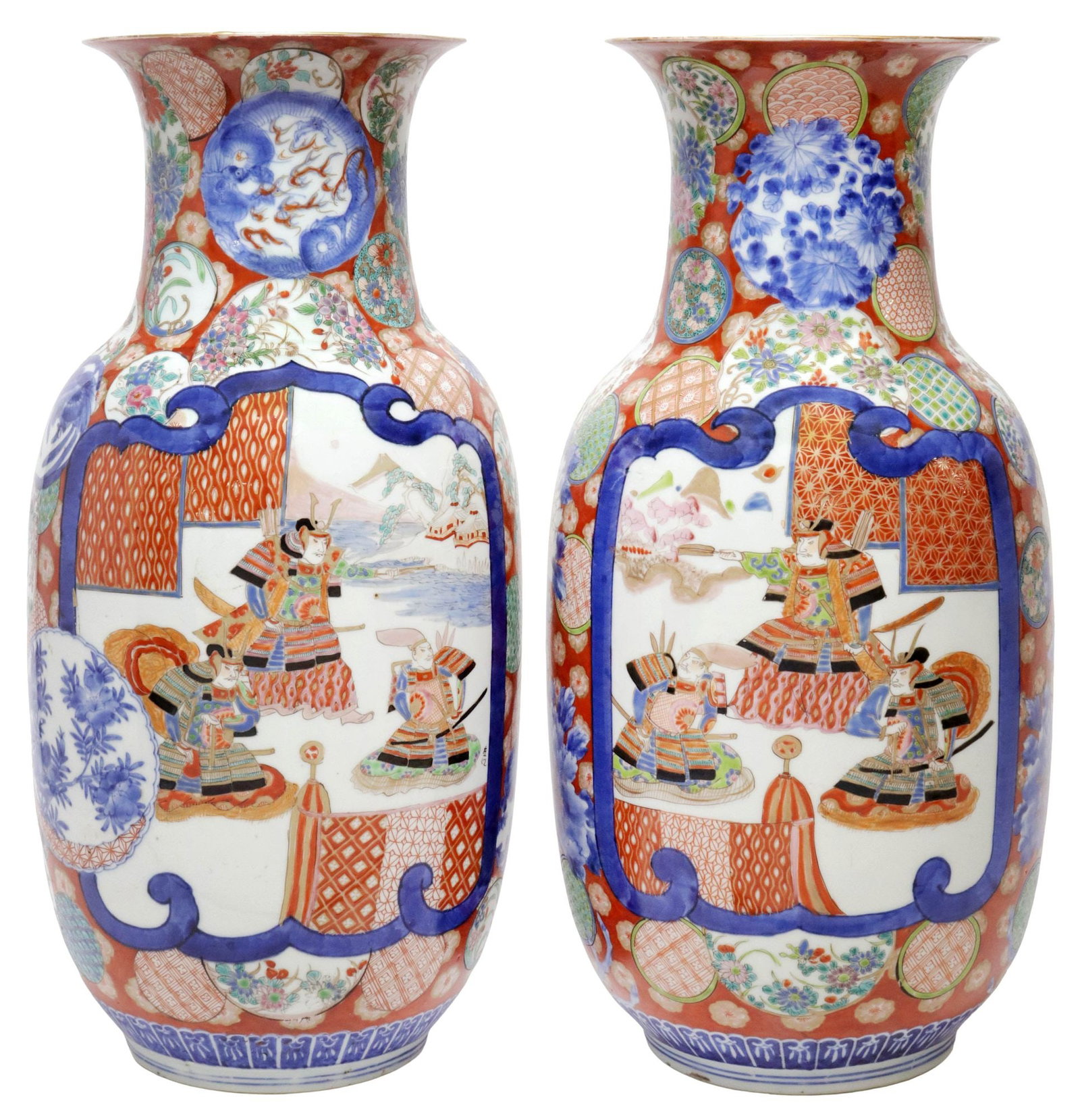 (2) LARGE JAPANESE IMARI PALETTE PORCELAIN VASES, 19.25"H: (lot of 2) Japanese Imari palette porcelain vases, each having flared rim, foliate motifs, reserves depicting samurai and courtly scenes, honorific six-character mark underfoot, approx 19.25"h, 9"diam