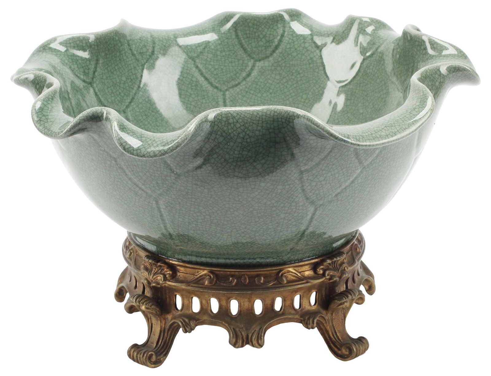 CHINESE CELADON-GLAZED LOTUS LEAF BOWL ON ORMOLU STAND (1 of 4)