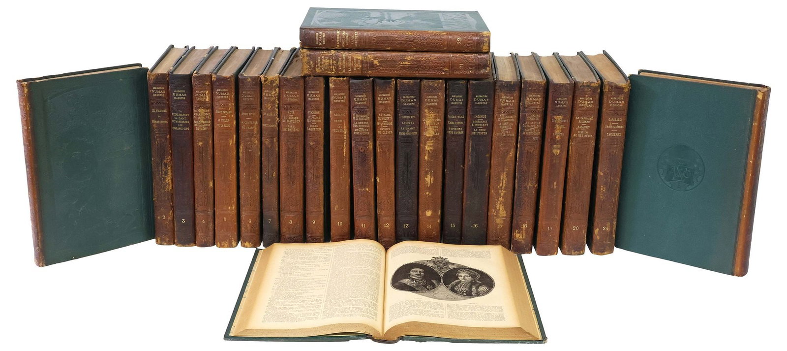 (25) FRENCH LEATHER-BOUND LIBRARY SHELF BOOKS, ILLUSTRATED ALEXANDRE DUMAS (1 of 3)