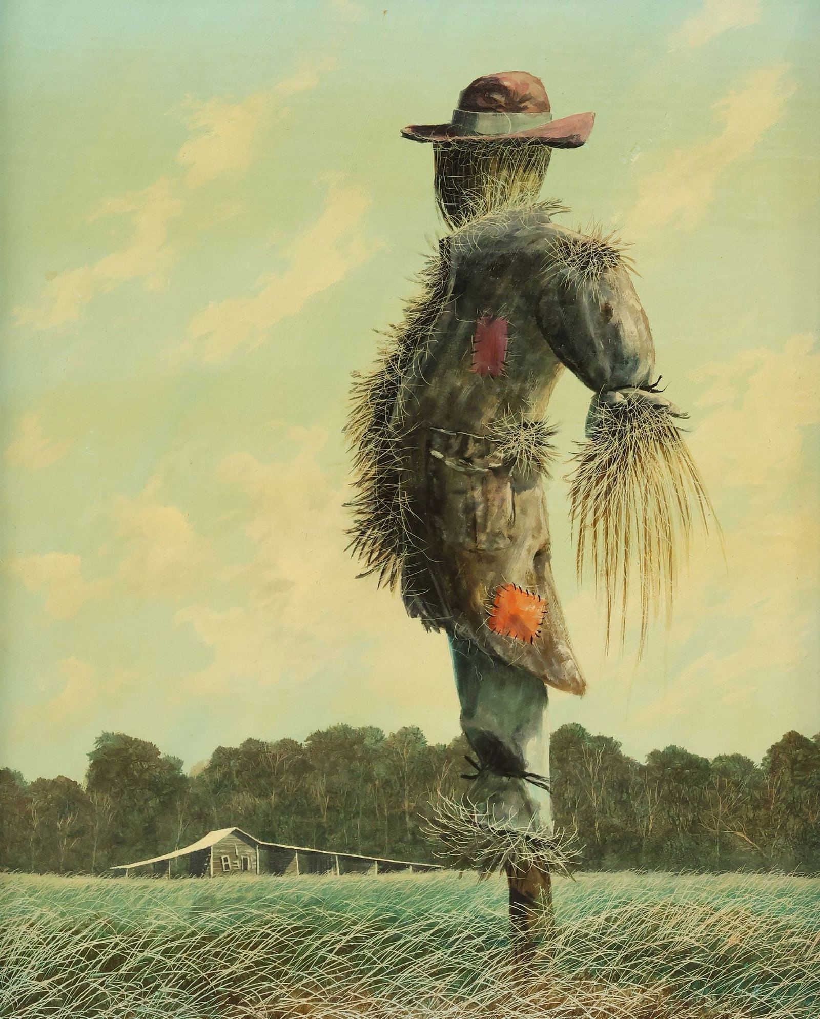 FRAMED OIL ON PANEL PAINTING, SCARECROW IN A PASTORAL LANDSCAPE (1 of 3)