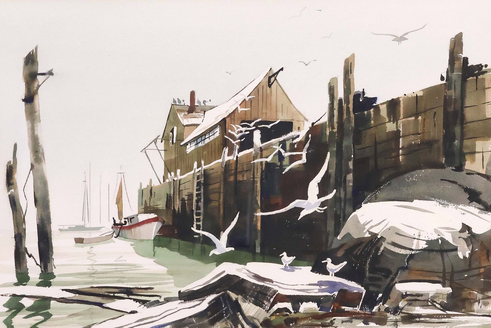 AFTER TED KAUTZKY (1896-1953) WATERCOLOR PAINTING, GULLS & SHADOWS (1 of 7)