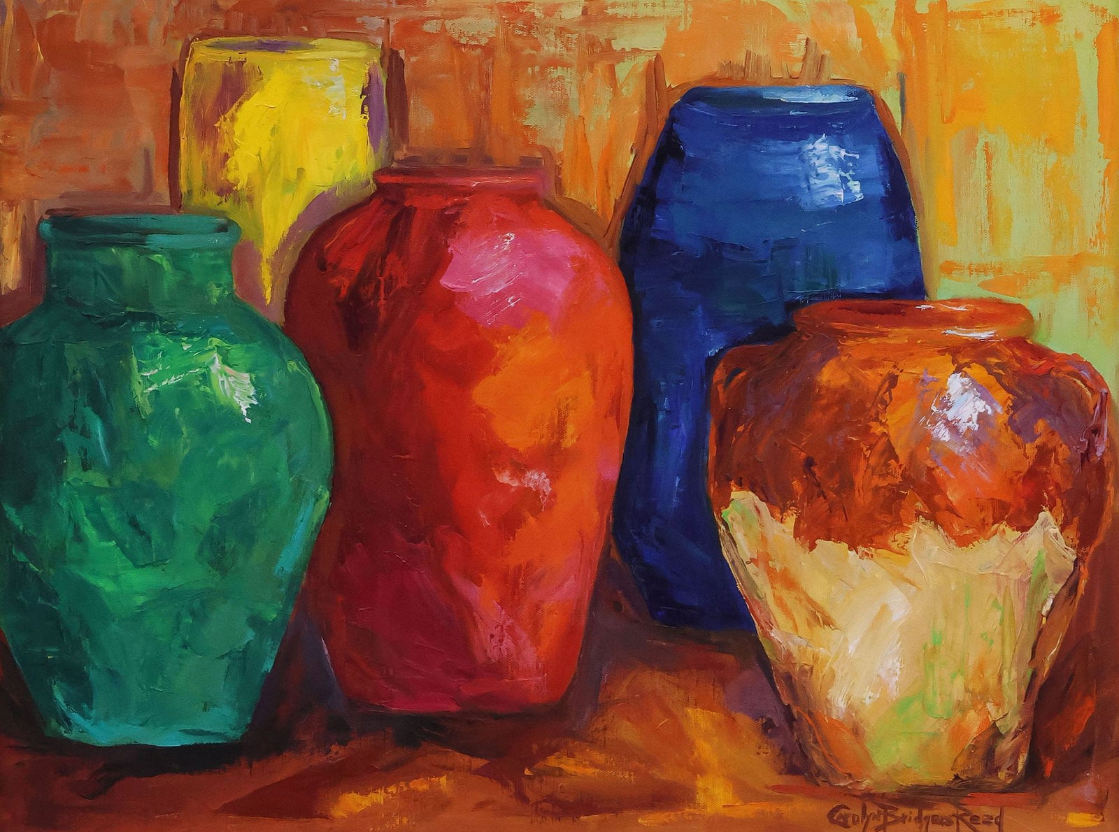 CAROLYN BRIDGERS REED (20TH C.) STILL LIFE OIL PAINTING, 'JUGS' (1 of 5)