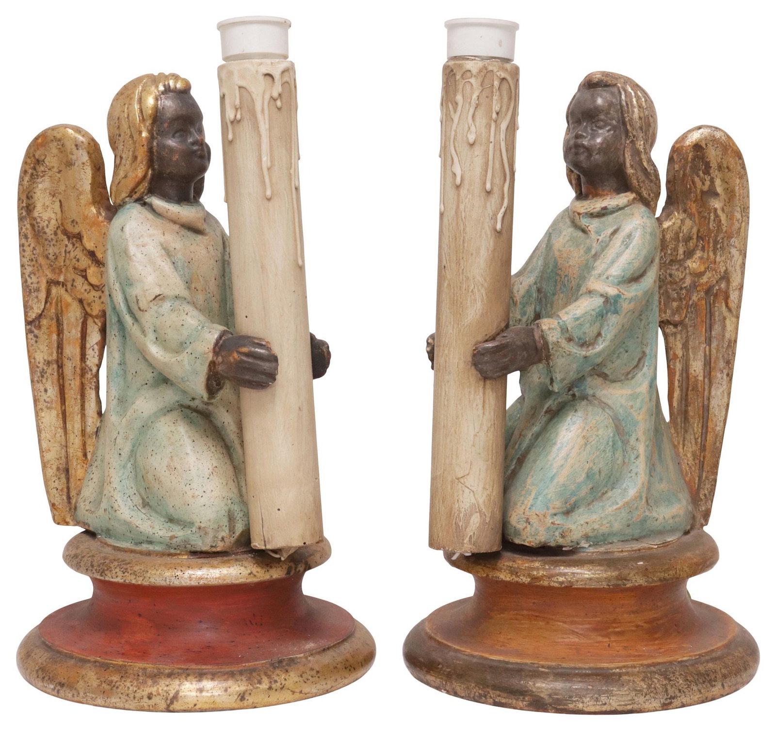 (2) CONTINENTAL PARCEL-GILT & PAINTED FIGURAL ANGEL 1-LIGHT TABLE LAMPS: (pair) Continental parcel-gilt and paint-decorated single-light table lamps, early 20th c., each having faux candle, supported by a kneeling angel figure, on integral socle, in need of wiring, approx 
