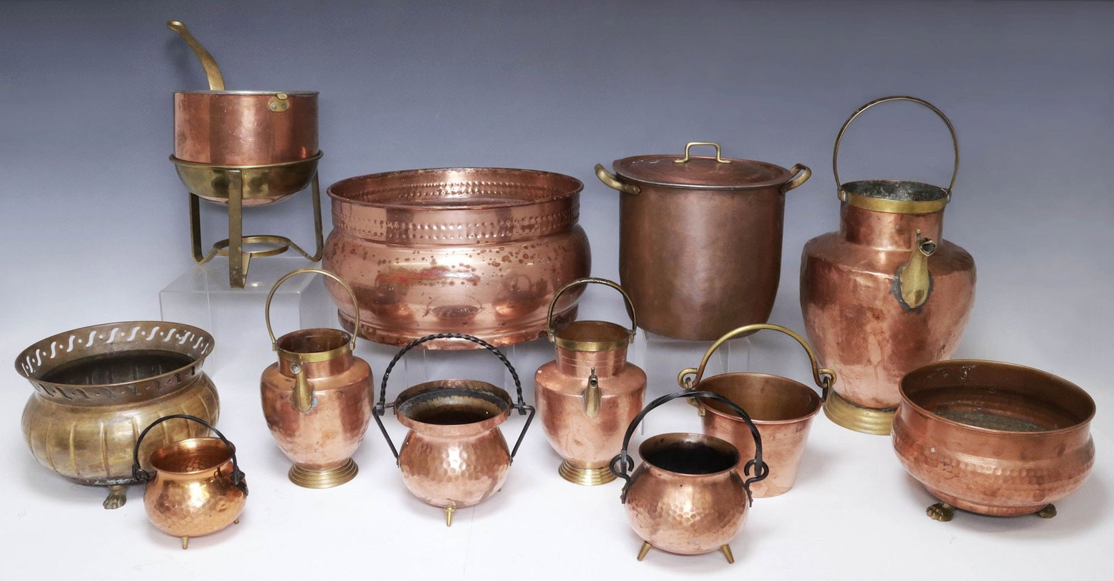 (12) CONTINENTAL COPPER KITCHENWARE, FIGURED PITCHERS & HAMMERED CAULDRONS (1 of 5)
