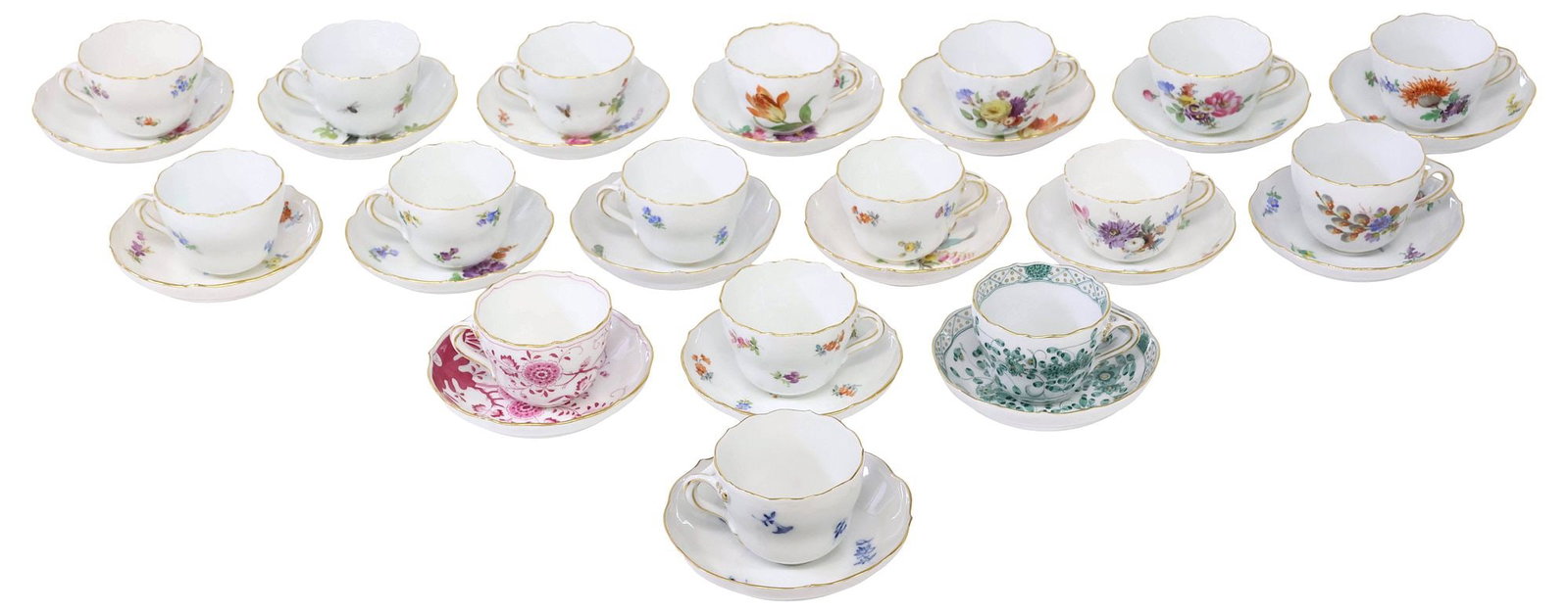 (34) MEISSEN PORCELAIN PAINTED CUPS & SAUCERS IN VARIOUS PATTERNS (1 of 7)