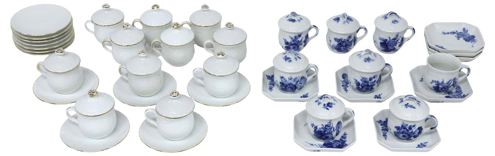 (39) ROYAL COPENHAGEN 'BLUE FLOWER' & 'WHITE LACE' PORCELAIN CREAM CUPS AND SAUCERS: (lot of 39) Danish porcelain lidded cream cups with matching saucers, Royal Copenhagen, each with makers mark underfoot, including: (16) in the "Blue Flower Braided" pattern, one lacking lid, cup: app