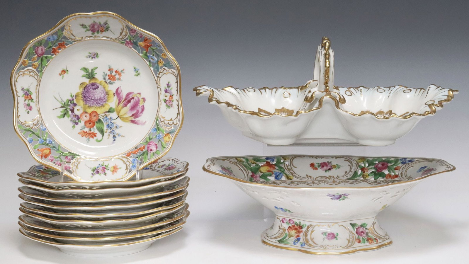 (12) CARL THIEME DRESDEN FLOWERS PART DESSERT SERVICE (1 of 7)