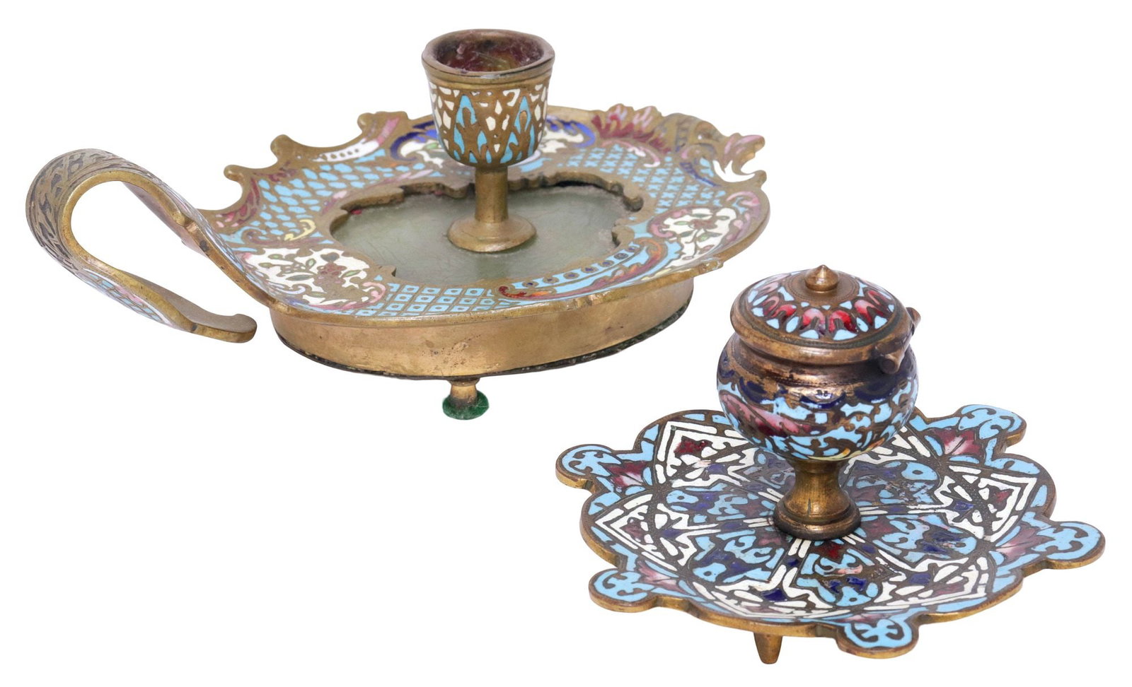(2) FRENCH CHAMPLEVE ENAMELED BRONZE INKWELL & CHAMBER STICK: (lot of 2) French champleve enamel bronze table articles, 19th c., including: (1) candleholder or chamber stick, hardstone base in scrolled frame with polychrome quilted and floral enamel, issuing gob