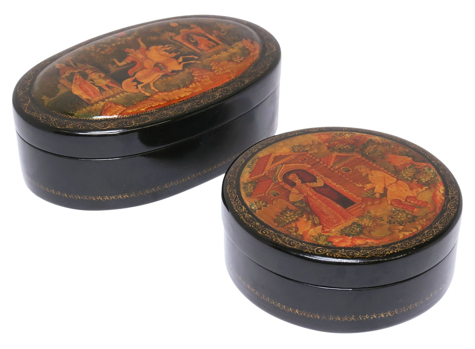 (2) RUSSIAN LACQUER PAPIER-MACHE FAIRY TALE BOXES, 1 MSTERA SCHOOL (1 of 6)