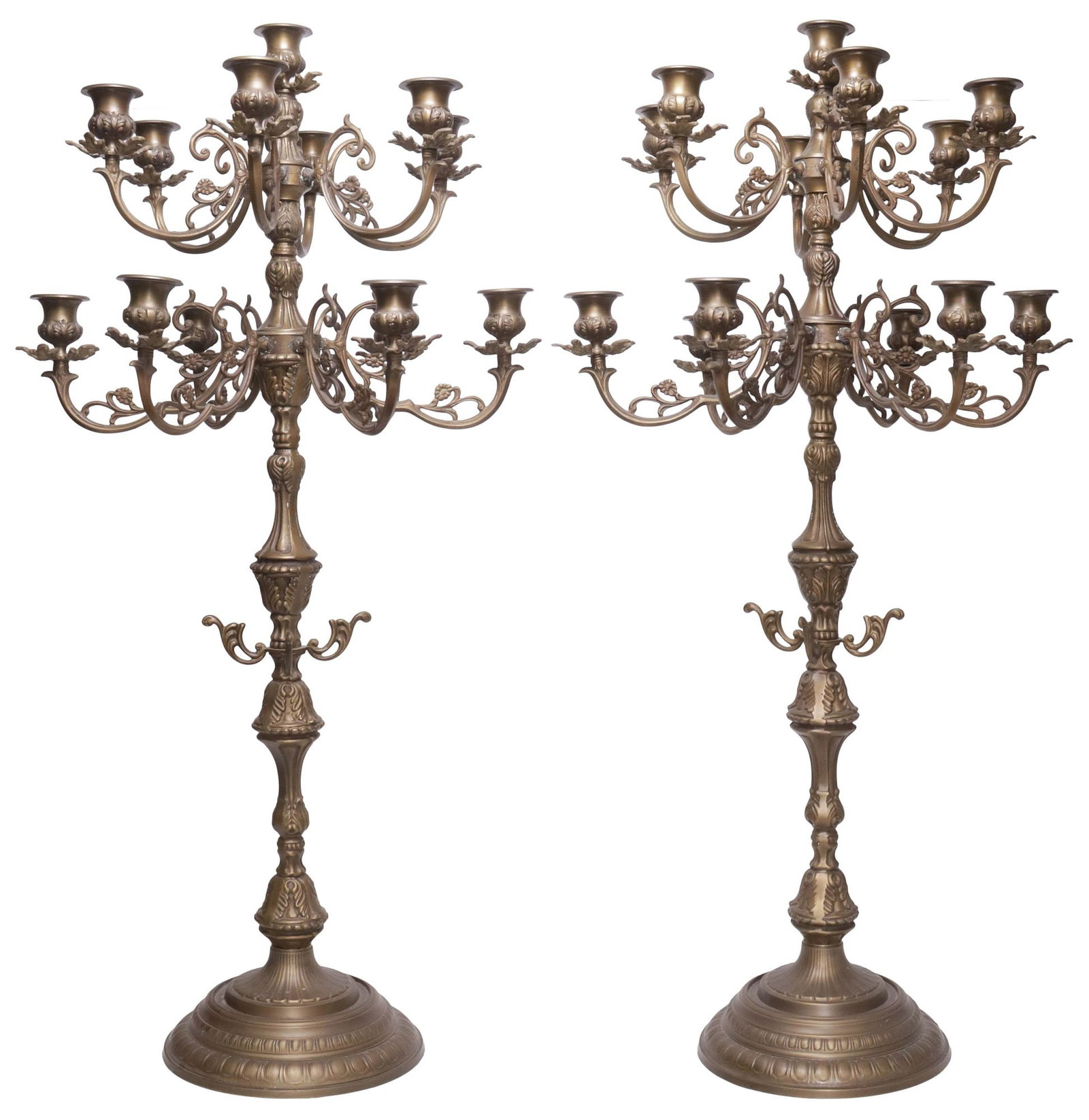 (2) VINTAGE BOMBAY COMPANY 13-LIGHT CANDELABRA, 39"H: (pair) Bombay Company brass candelabra, having a central candle holder above two branches of six candle holders, the underside retaining the Bombay tag, approx 39"h, 19"w, 19"d, 48lbs total