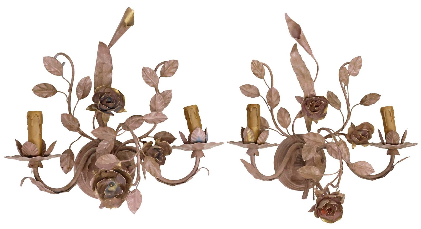(2) ITALIAN PARCEL-GILT METAL & PAINTED TOLE 2-LT SCONCES, MARIE MARTIN SHADES: (lot of 2) Italian tole peinte two-light metal wall sconces, 20th c., with floral foliates, in an intentionally distressed pink painted finish with parcel-gilt accents, accompanied by four pleated fab
