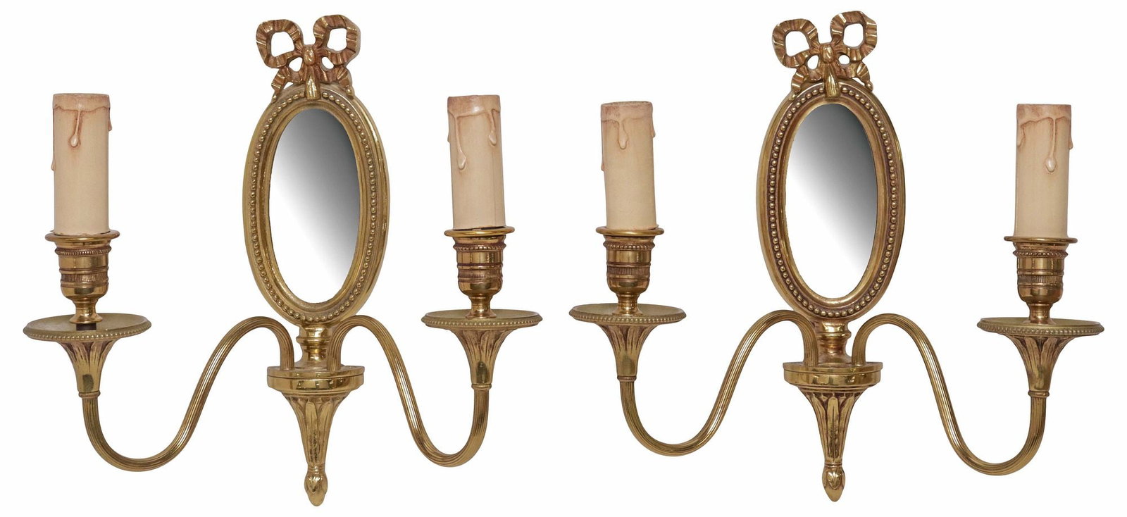 (2) FRENCH LOUIS XVI STYLE ORMOLU MIRRORED 2-LIGHT WALL SCONCES: (pair) French Louis XVI style bronze dore two-light wall sconces, 20th c., mirrored ovular plaque with ribbon crest, issuing two scrolled arms, terminating on faux candles, in need of wiring, approx 1