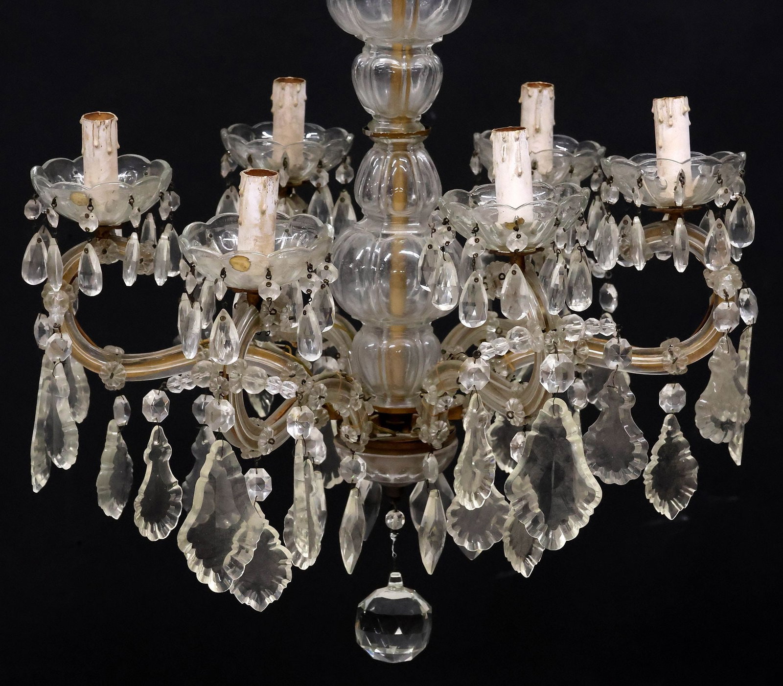 ITALIAN MARIA THERESA STYLE GLASS-CLAD 6-LIGHT CHANDELIER: Italian Maria Theresa style six-light chandelier, 20th c., globular turned glass central standard issuing glass-clad scrolled arms, hung with crystal pendalogues and drops, terminating at scalloped bo