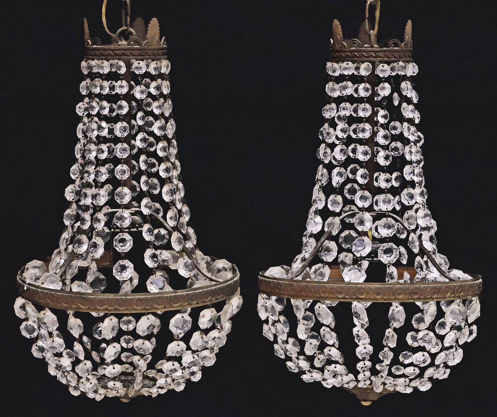 (2) ITALIAN SAC-DE-PEARL SINGLE-LIGHT CRYSTAL BEADED CHANDELIERS: (lot of 2) Italian sac-de-pearl chandeliers 20th c., each with patinated metal rings, embossed with scrollwork, hung with beaded crystal swag, forming a drop dome with single light in center, in need 