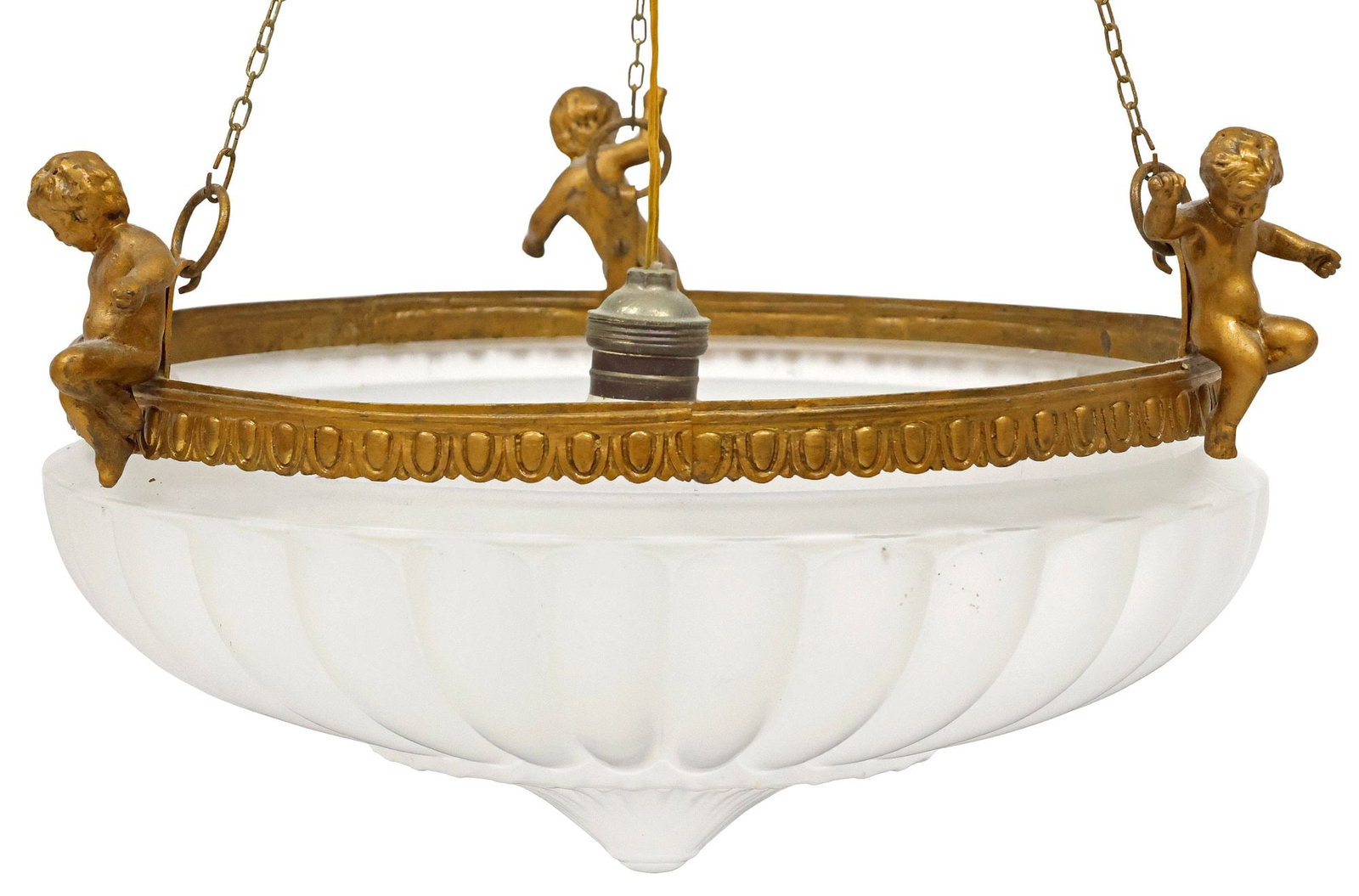 ITALIAN GILT-METAL & FROSTED GLASS 1-LIGHT CEILING LAMP: Italian gilt-metal single-light chandelier, 20th c., having circular frosted glass shade with exterior lobing, encircled by seated cherubs, in need of wiring, approx 26"h, 16.5"w, 15"d