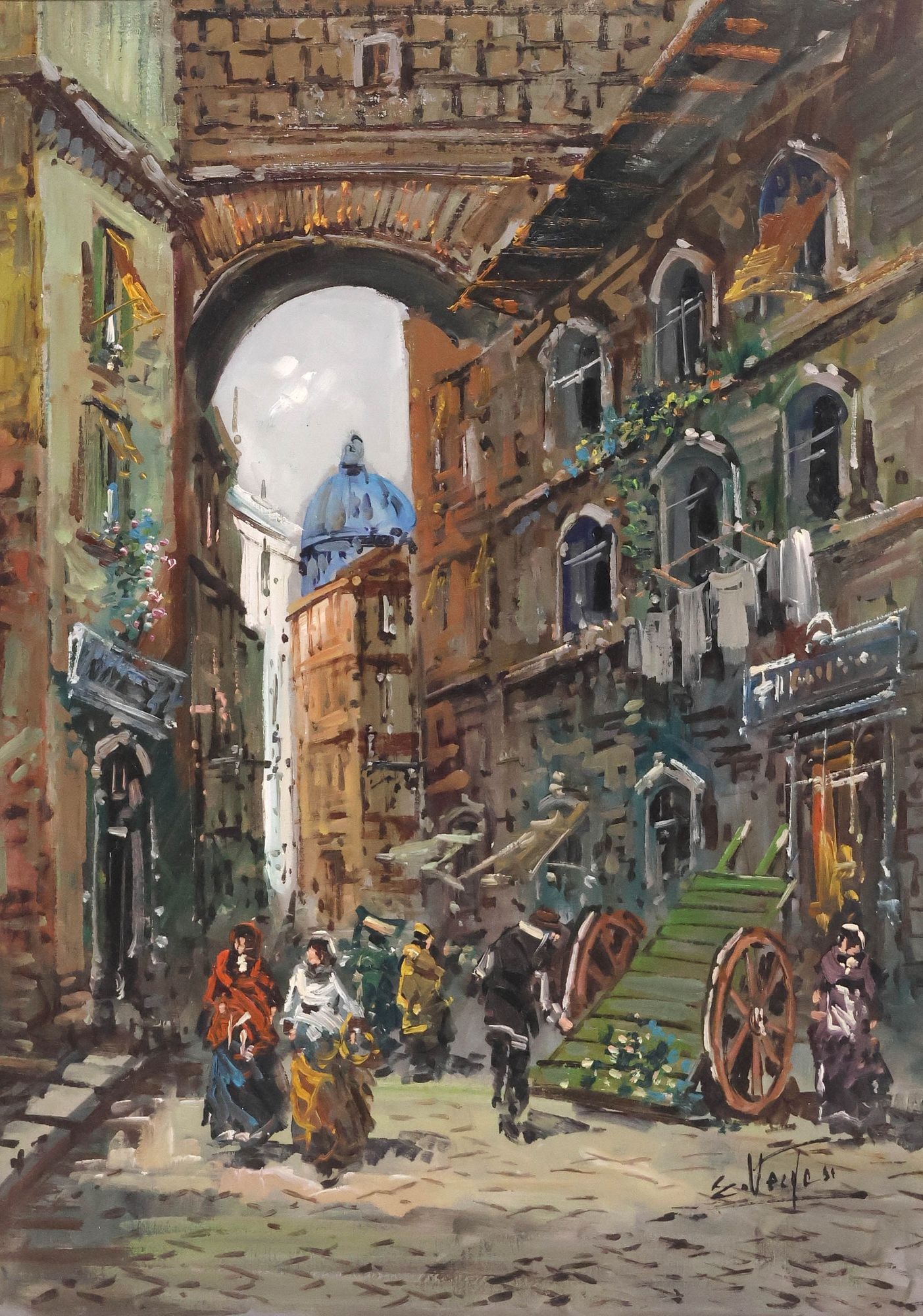SIGNED ITALIAN SCHOOL OIL PAINTING, IMPRESSIONIST STREET SCENE (1 of 4)