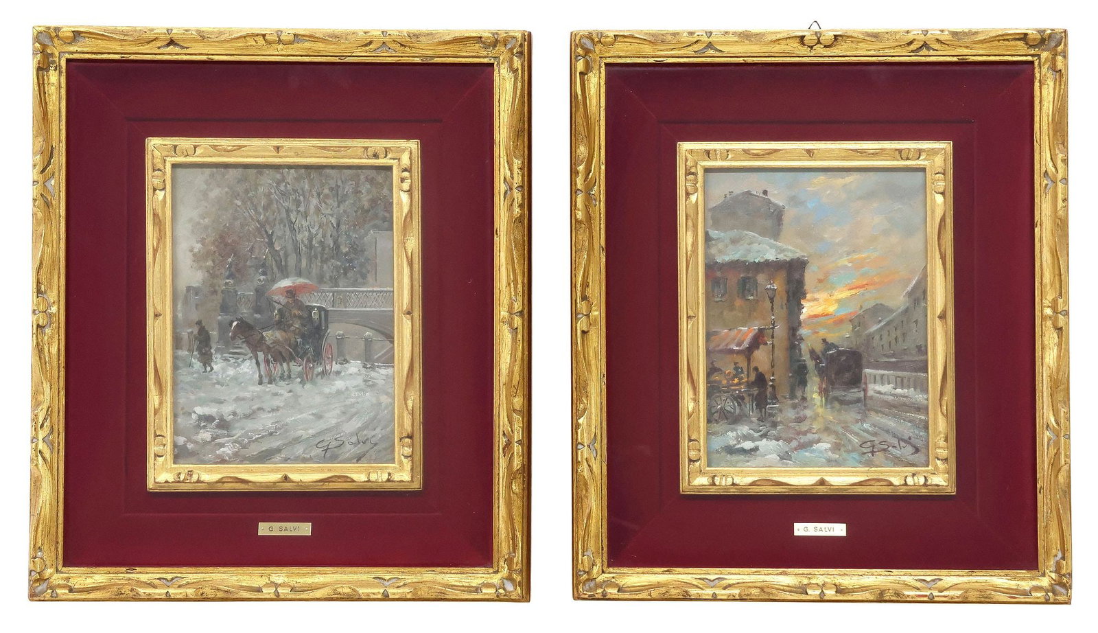 (2) G. SALVI (ITALIAN, 20TH C.) PAINTINGS, IMPRESSIONIST STREET SCENES: (lot of 2) Framed oil on panel paintings, each signed lower right G. Salvi (Italian, 20th c.), accompanied by gilt artist's plaque, including: (1) Horse Drawn Carriage in the Winter, (1) Snow-Lined St