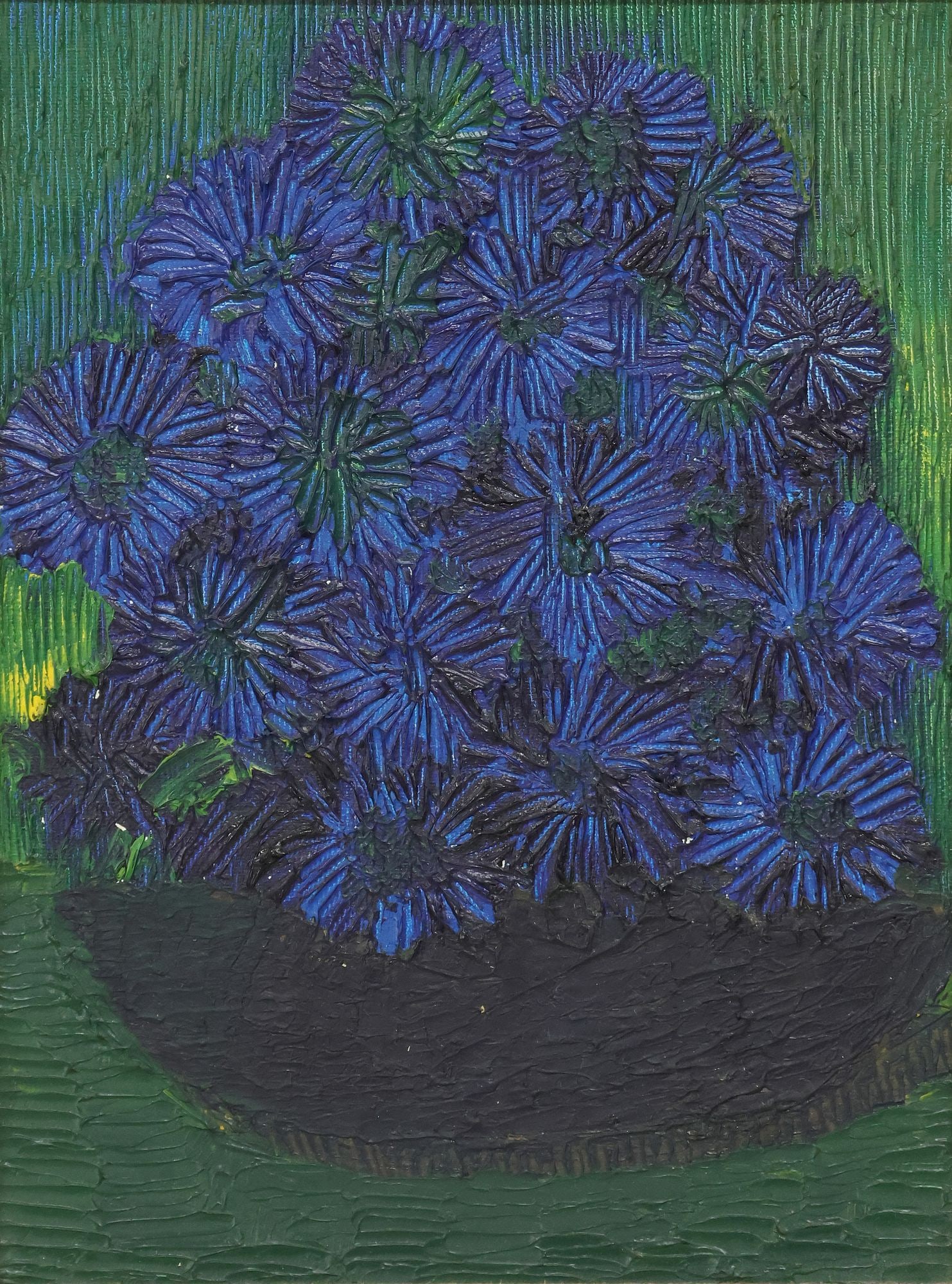 FRENCH SCHOOL OIL PAINTING, IMPRESSIONIST STILL LIFE WITH BLUE FLOWERS: Framed French School oil on canvas painting, Still Life with Bouquet of Blue Flowers, apparently unsigned, supplier's stamp verso, sight: approx 11.5"h, 8.5"w, overall: approx 17.75"