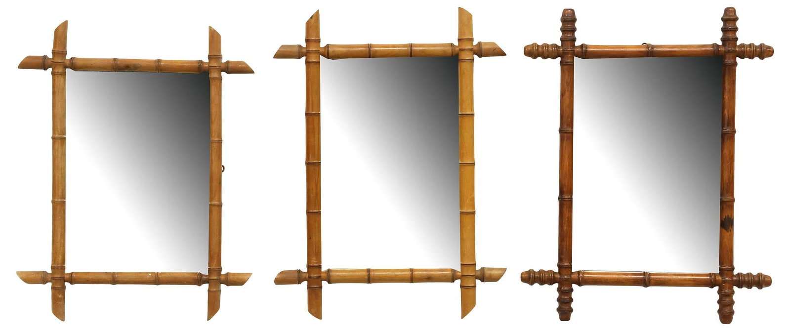 (3) SMALL FRENCH FAUX BAMBOO TURNED WOOD WALL MIRRORS: (lot of 3) French faux bamboo mirrors, early 20th c., each having turned wood frame, encasing mirror plate, the group overall with scattered silver loss, largest: approx 25"h, 19.5"w, smallest: approx