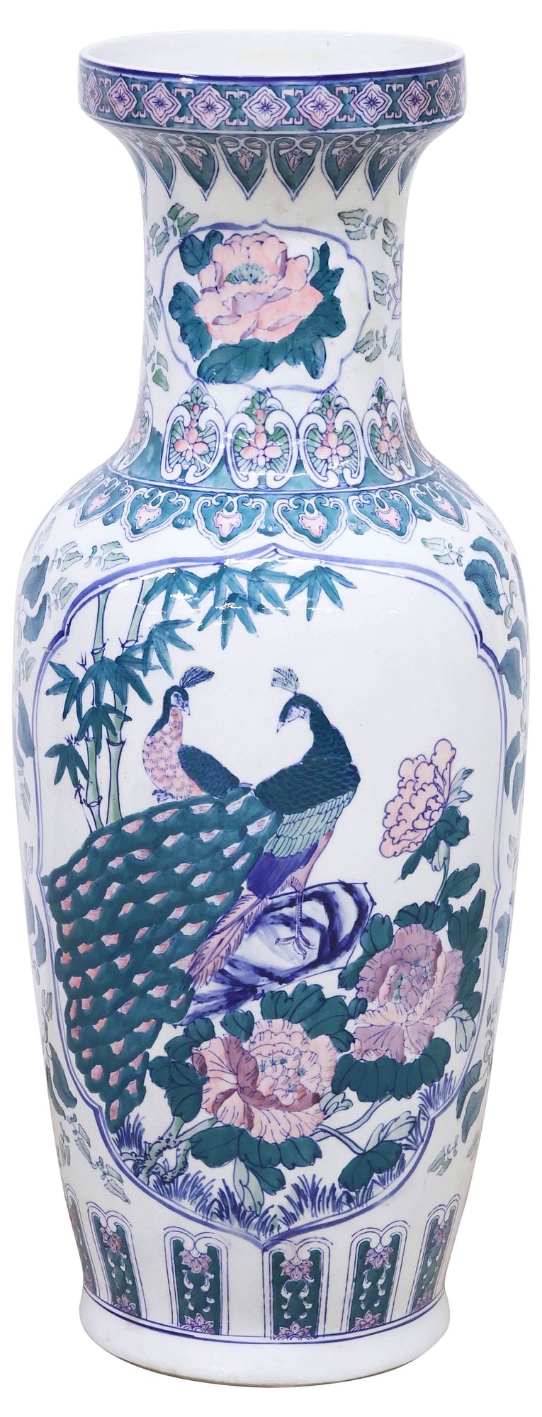 LARGE CHINESE FAMILLE VERTE ENAMELED PEACOCK VASE, 32"H (1 of 4)
