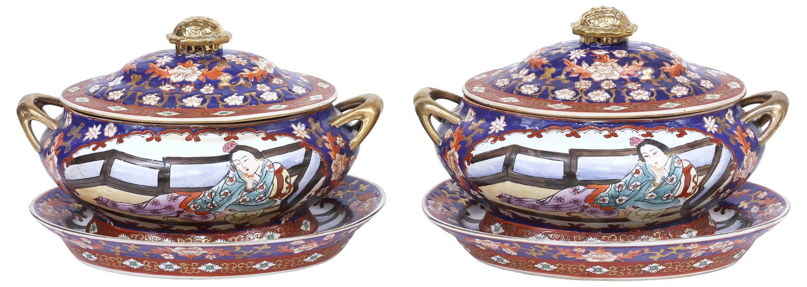(2) ASIAN IMARI PALETTE PARCEL GILT PORCELAIN COVERED TUREENS & UNDERPLATES (1 of 9)