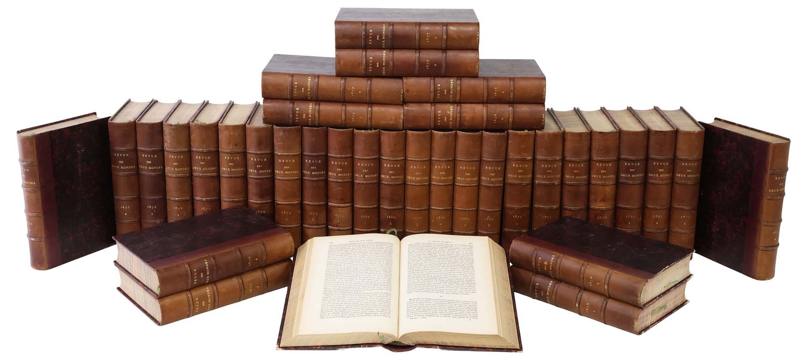 (36) FRENCH LEATHER-BOUND LIBRARY SHELF BOOKS, 'REVUE DES DEUX MONDES,' 1875-1880 (1 of 5)