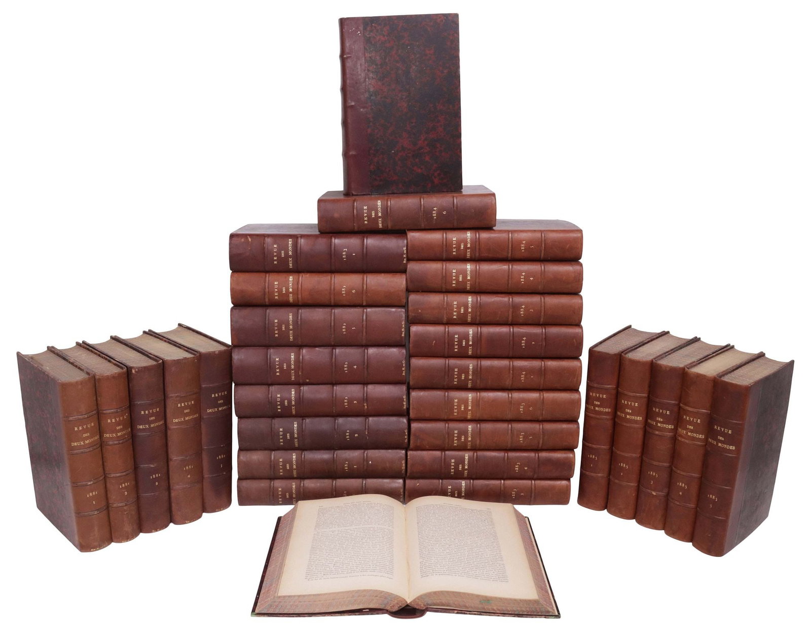 (30) FRENCH LEATHER-BOUND LIBRARY SHELF BOOKS, 'REVUE DES DEUX MONDES,' 1881-1885: (lot of 30) French library shelf books, "Revue des Deux Mondes (Review of the Two Worlds)," a periodical magazine published by Bureau de la Revue des Deux Mondes, Paris, all with gilt-embossed tan lea