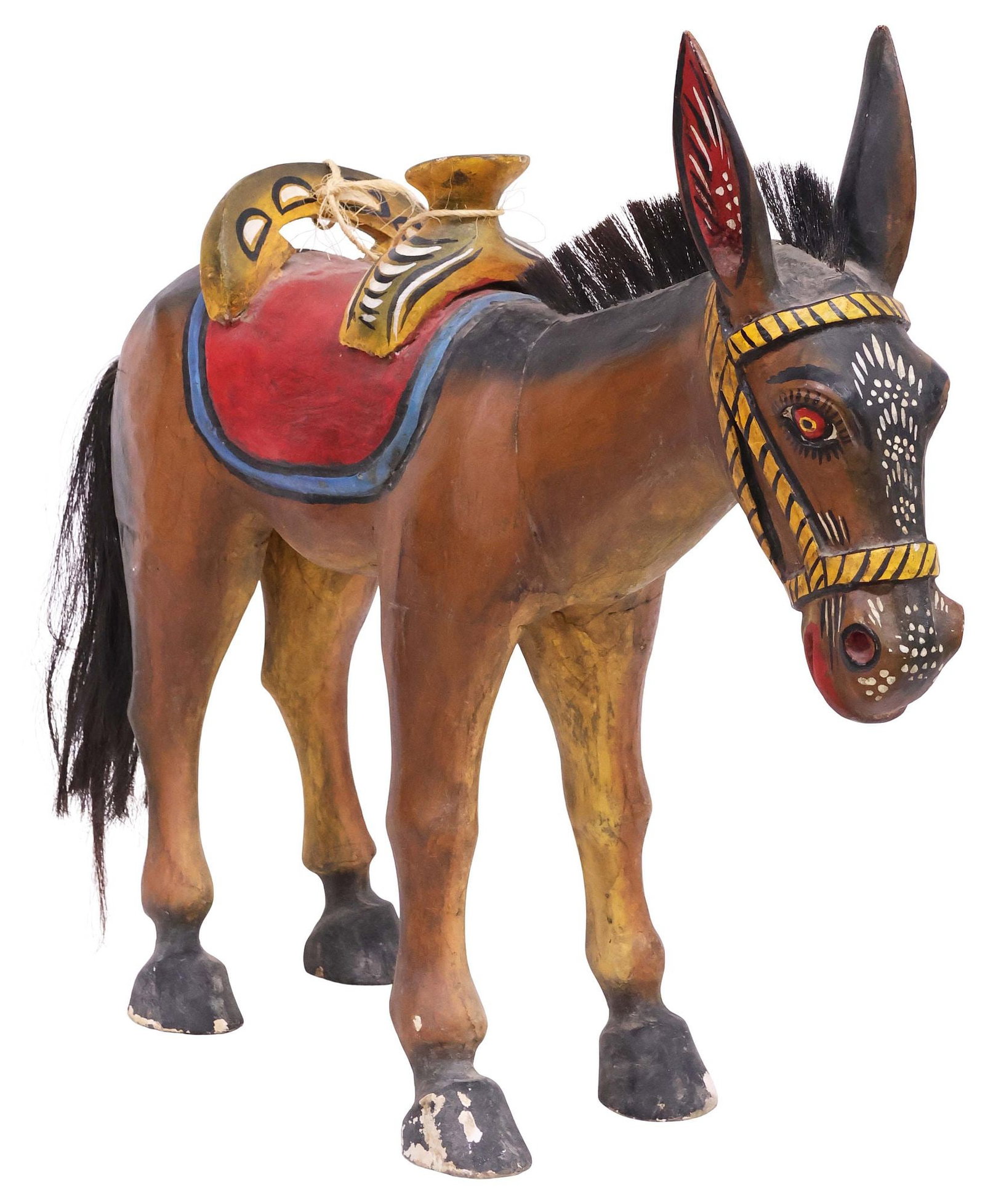 MEXICAN FOLK ART CARVED & PAINTED DONKEY / BURRO SCULPTURE, 26"H: Large folk art carved and polychrome-painted animal sculpture, Mexico, mid 20th c., modeled as a standing donkey/ burro, with applied hair mane and tail, raised saddle and reigns, approx 26"h, 29"w, 7