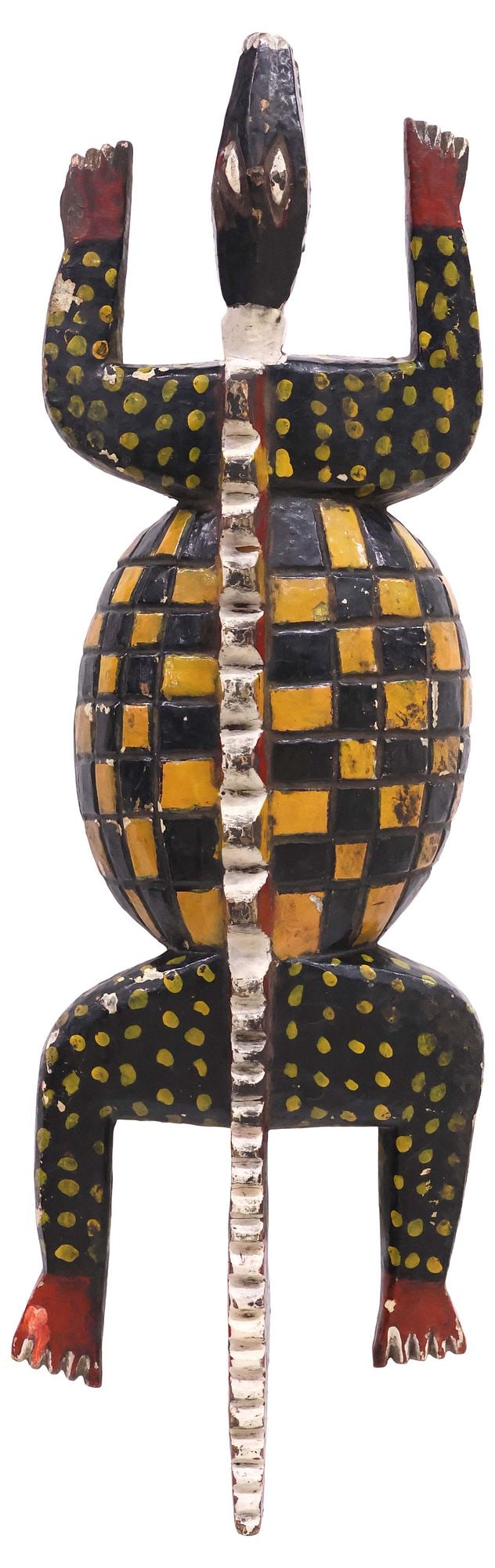 MEXICAN FOLK ART CARVED & PAINTED ANIMAL FIGURE, LIZARD OR CROCODILE: Folk art carved and polychrome-painted sculpture, Mexico, mid 20th c., modeled as a crocodile or lizard, with vibrant checkered and dotted patterning, approx 27"h, 8.5"w, 5.5"d, 2.25lbs **Please note: