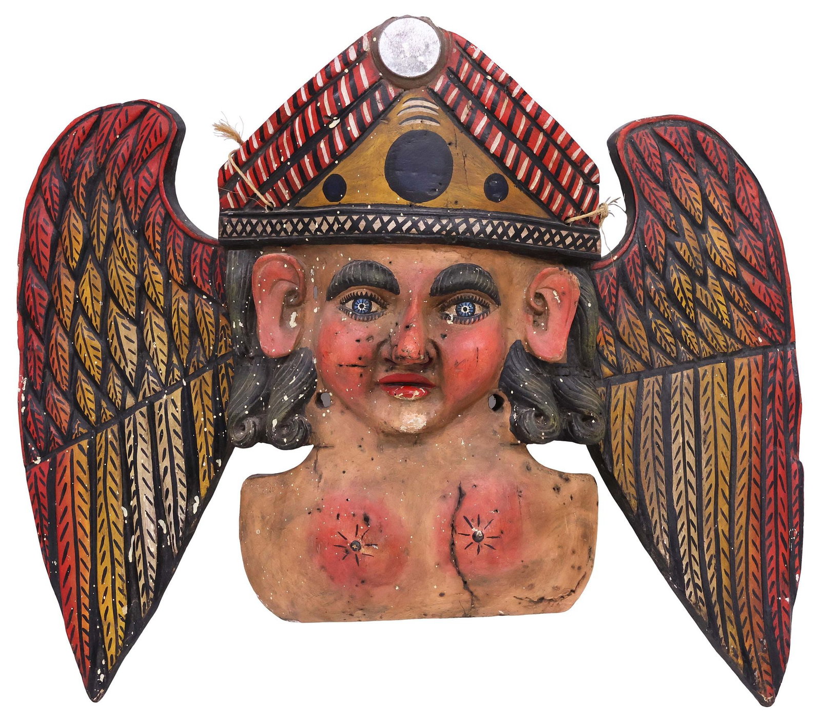 LARGE GUERRERO MEXICO FOLK ART CARVED WOOD MASK, WINGED ANGEL, 30"H: Large folk art carved and polychrome painted wall-hanging mask, Guerrero, Mexico, mid 20th c., modeled as a winged female bust, wearing crown with inset circular mirror plate, approx 30"h, 30.5"w, 9.5