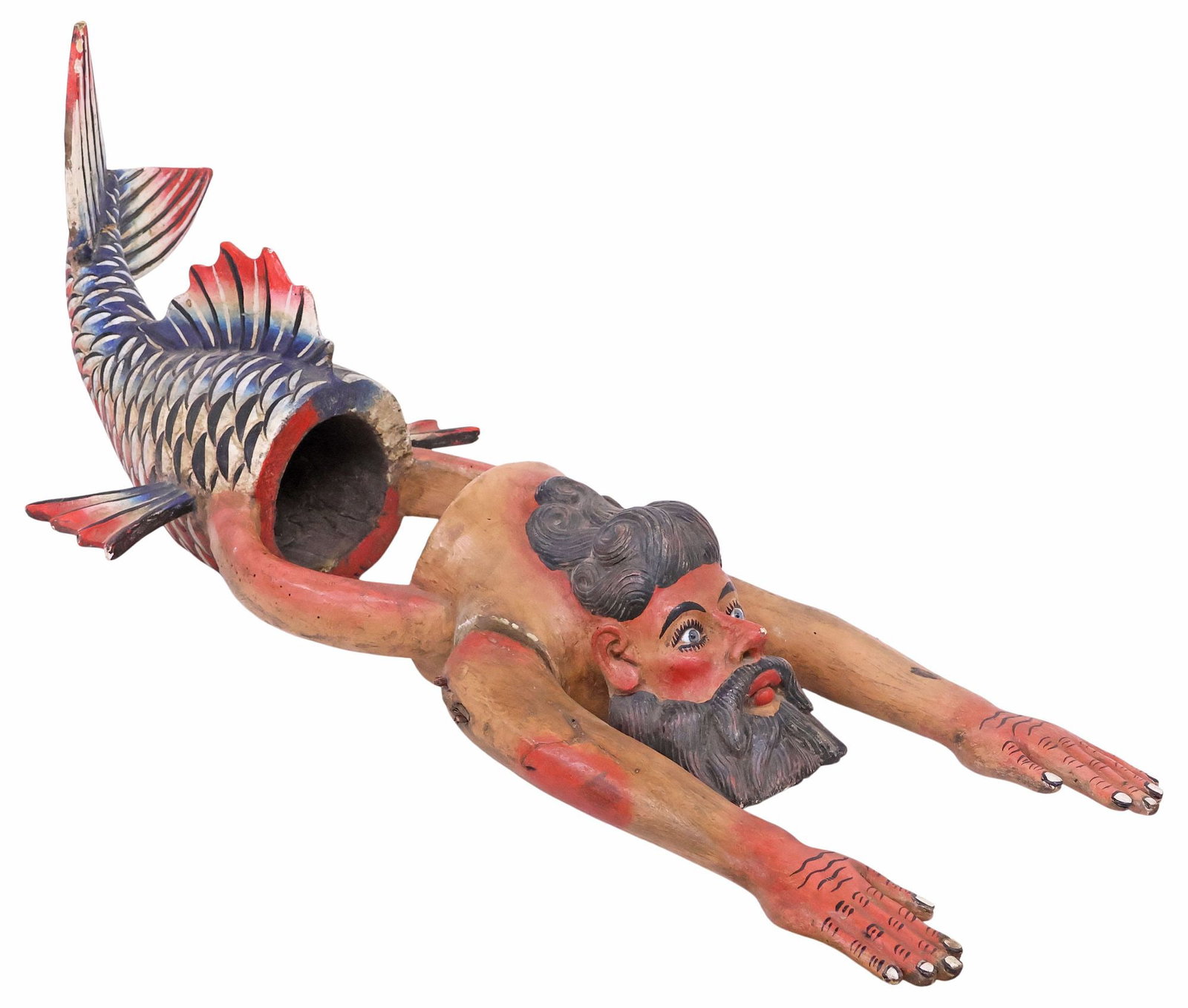 LARGE MEXICAN FOLK ART CARVED & PAINTED BODY DANCE MASK, MERMAN: Large folk art carved and polychrome-painted body mask, Mexico, mid 20th c., in the form of a merman, bearded male torso with articulated arms and fish tail, inset glass eyes, center cutout for wearin