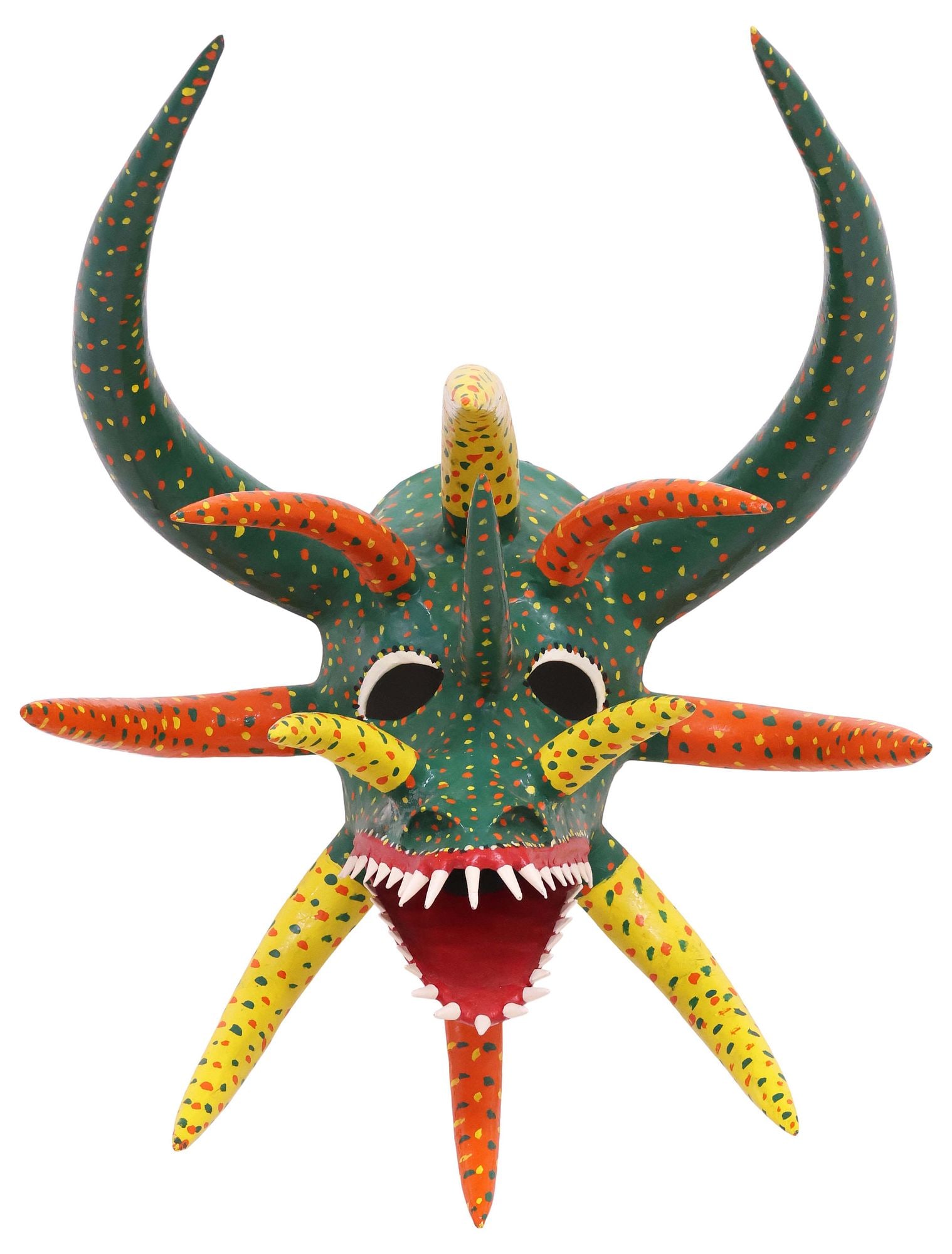 MIGUEL CARABALLO (B.1951) PUERTO RICAN PAINTED PAPIER MACHE VEJIGANTE MASK: Folk art polychrome painted paper-mache Vejigante mask, signed Miguel Caraballo (Ponce, Puerto Rico, b.1951), dated 1992, with protruding horns and bared fangs, approx 21.5"h, 17"w, 11.5"d, 2lbs **PLE