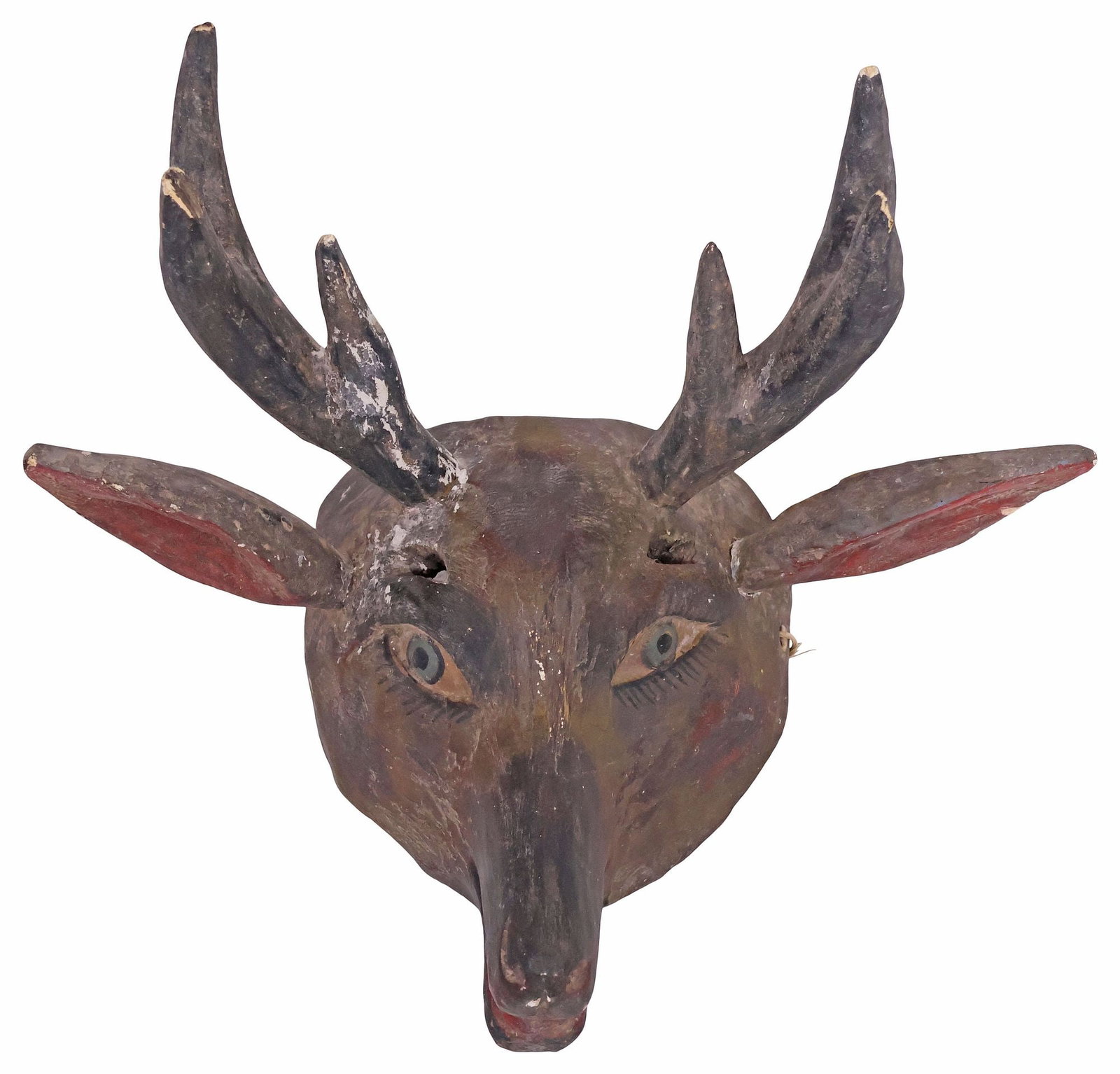 MEXICAN FOLK ART CARVED & PAINTED ANIMAL DANCE MASK, DEER: Folk art carved and polychrome painted animal dance mask, Guerrero, Mexico, mid 20th c., in the form of a buck, having integral antlers and protruding ears, approx 11"h, 16.75"w, 10.5"d, 1.25lbs **PLE
